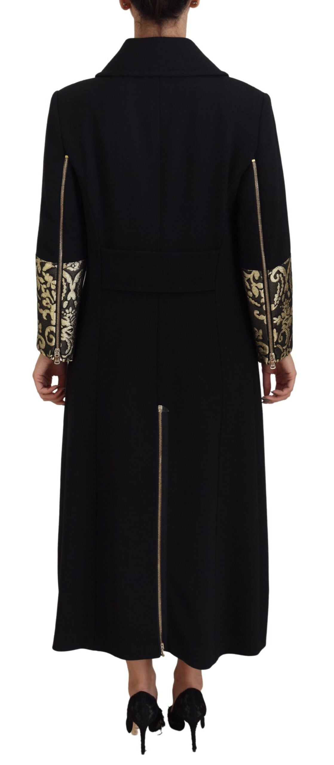 Schwarz Gold Jacquard Langer Trenchcoat Jacke