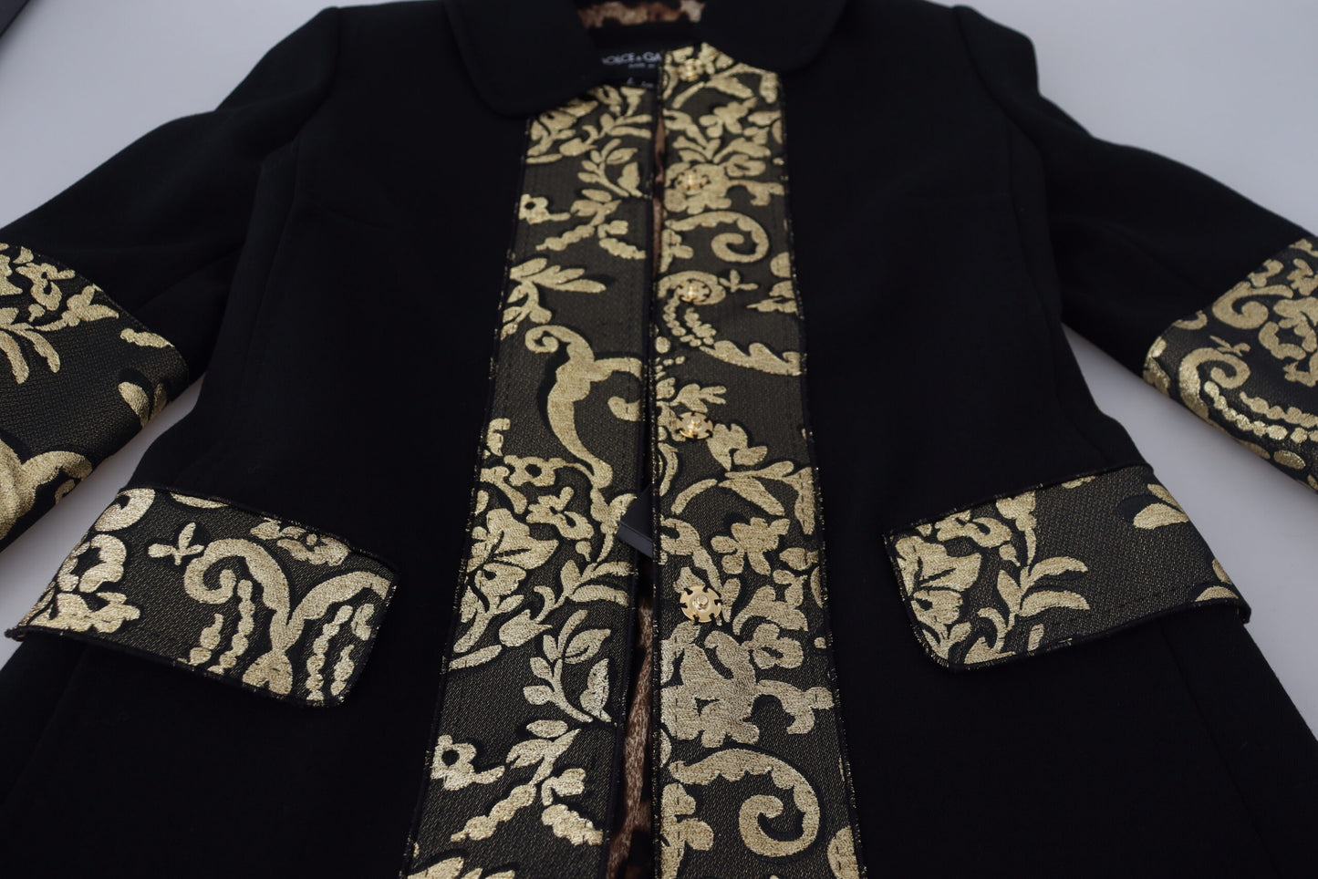 Schwarz Gold Jacquard Langer Trenchcoat Jacke