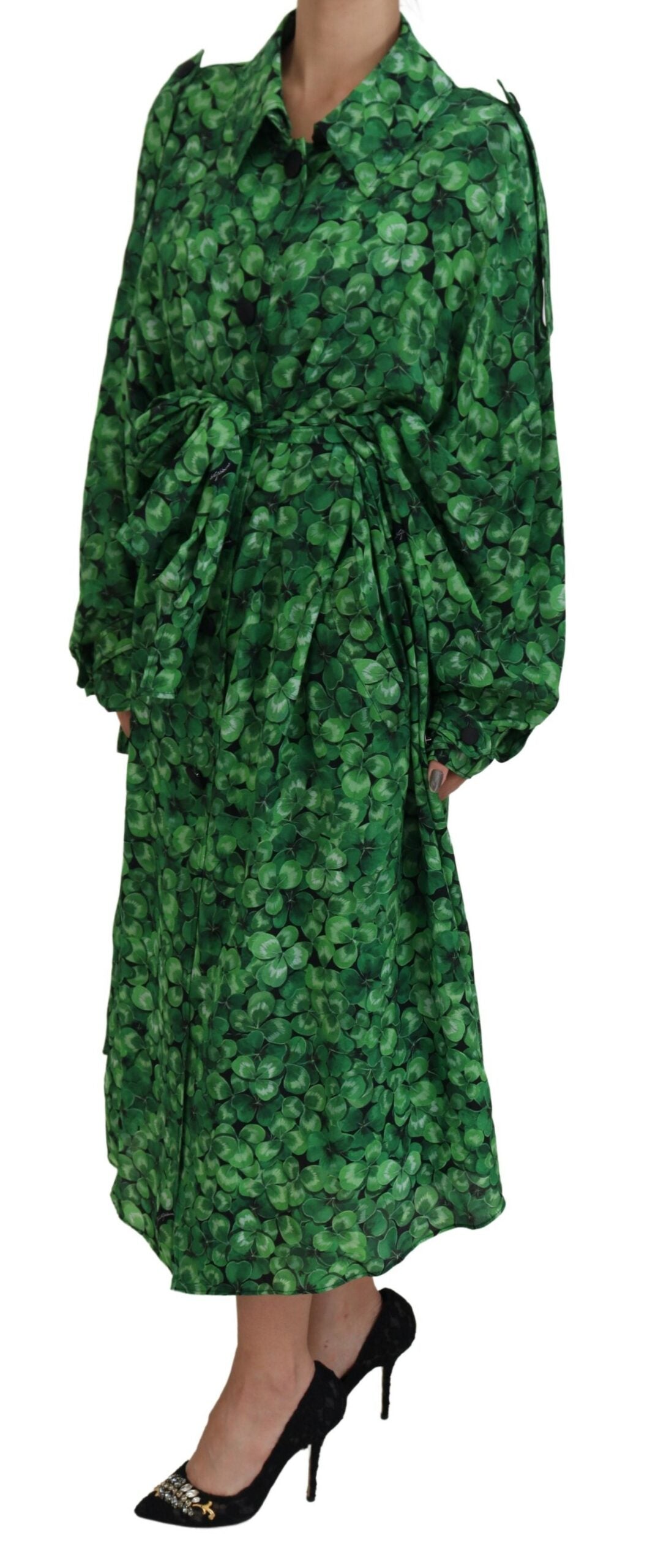 Grüner Blätterdruck Seiden-Trenchcoat Jacke