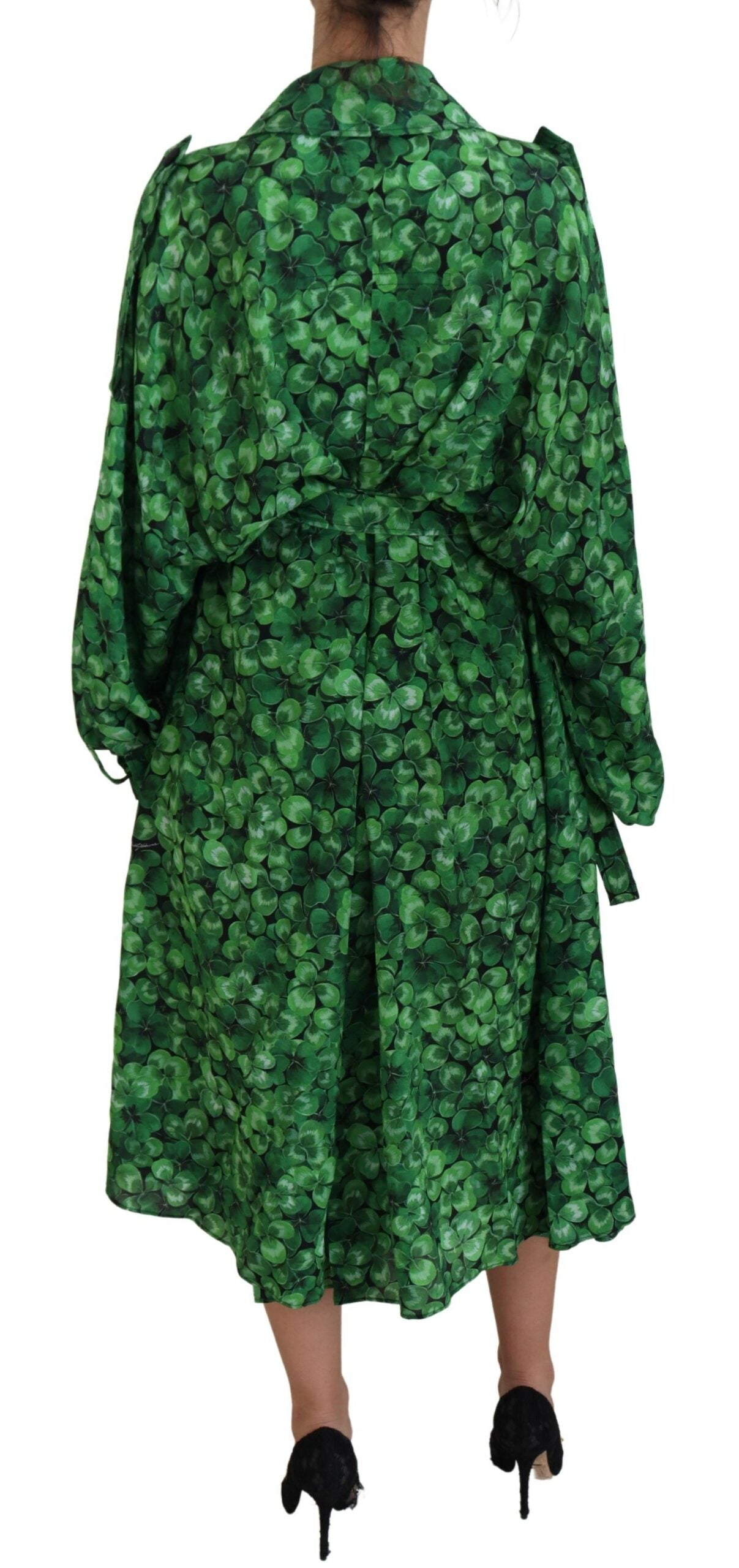 Grüner Blätterdruck Seiden-Trenchcoat Jacke