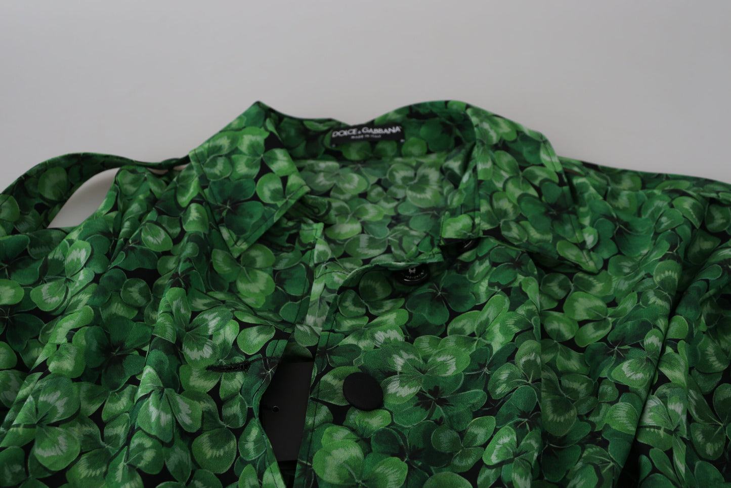 Grüner Blätterdruck Seiden-Trenchcoat Jacke