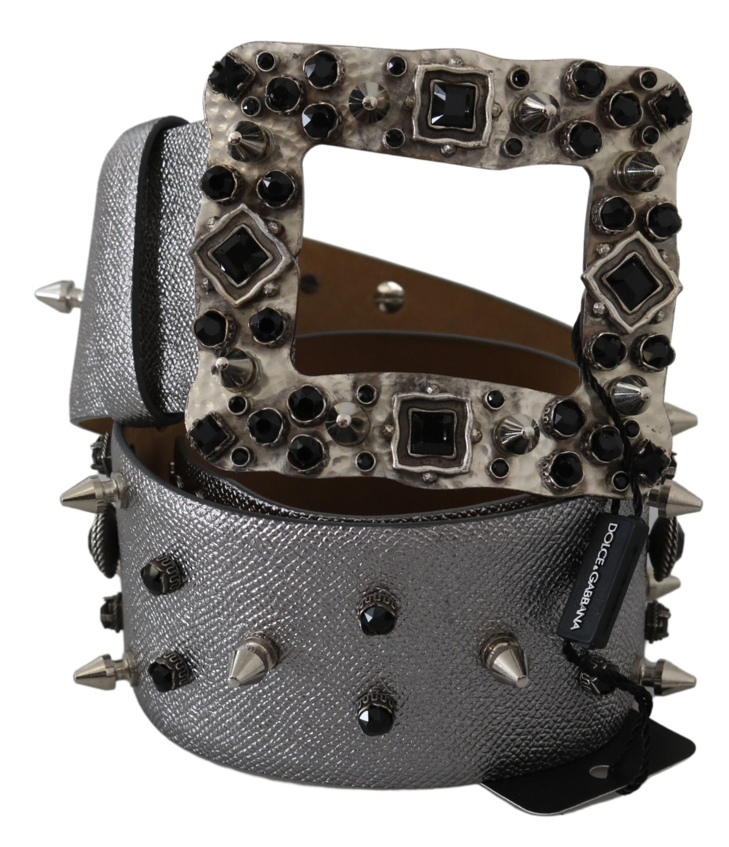 Silberner Leder-Gürtel mit Logo-Schnalle und Kristall-Nieten