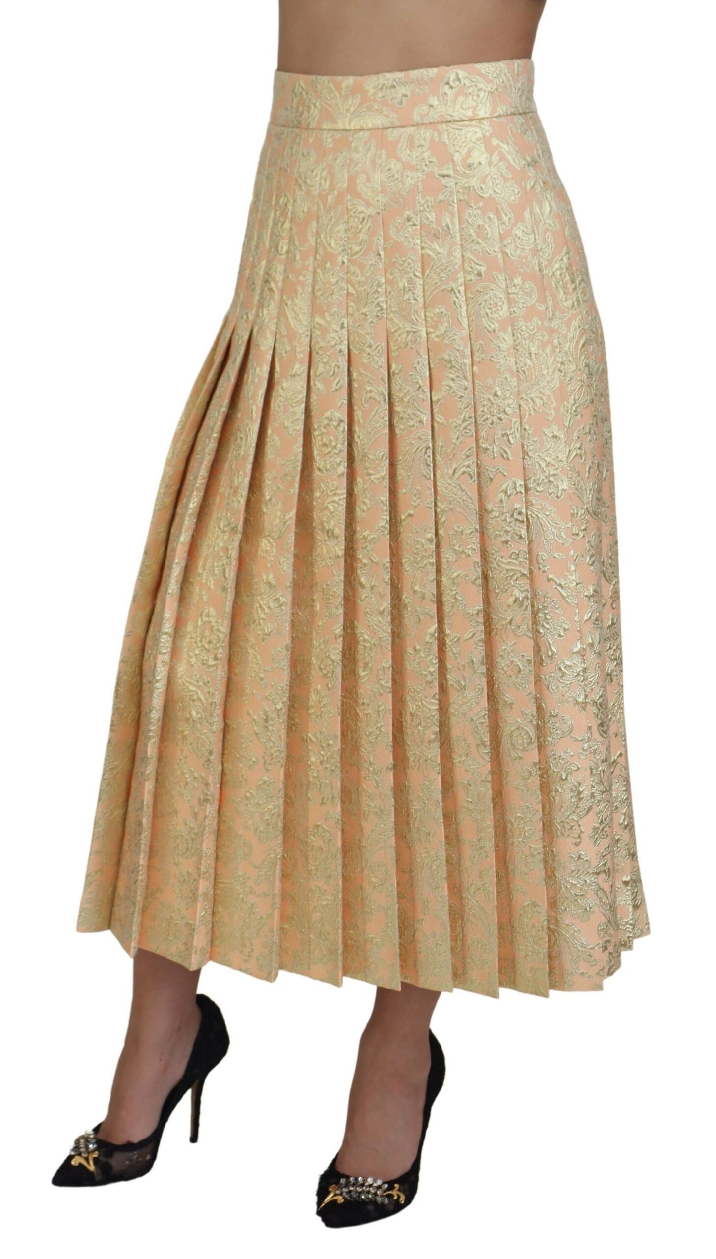 Beigefarbener Plissee-Midirock aus Blumenjacquard