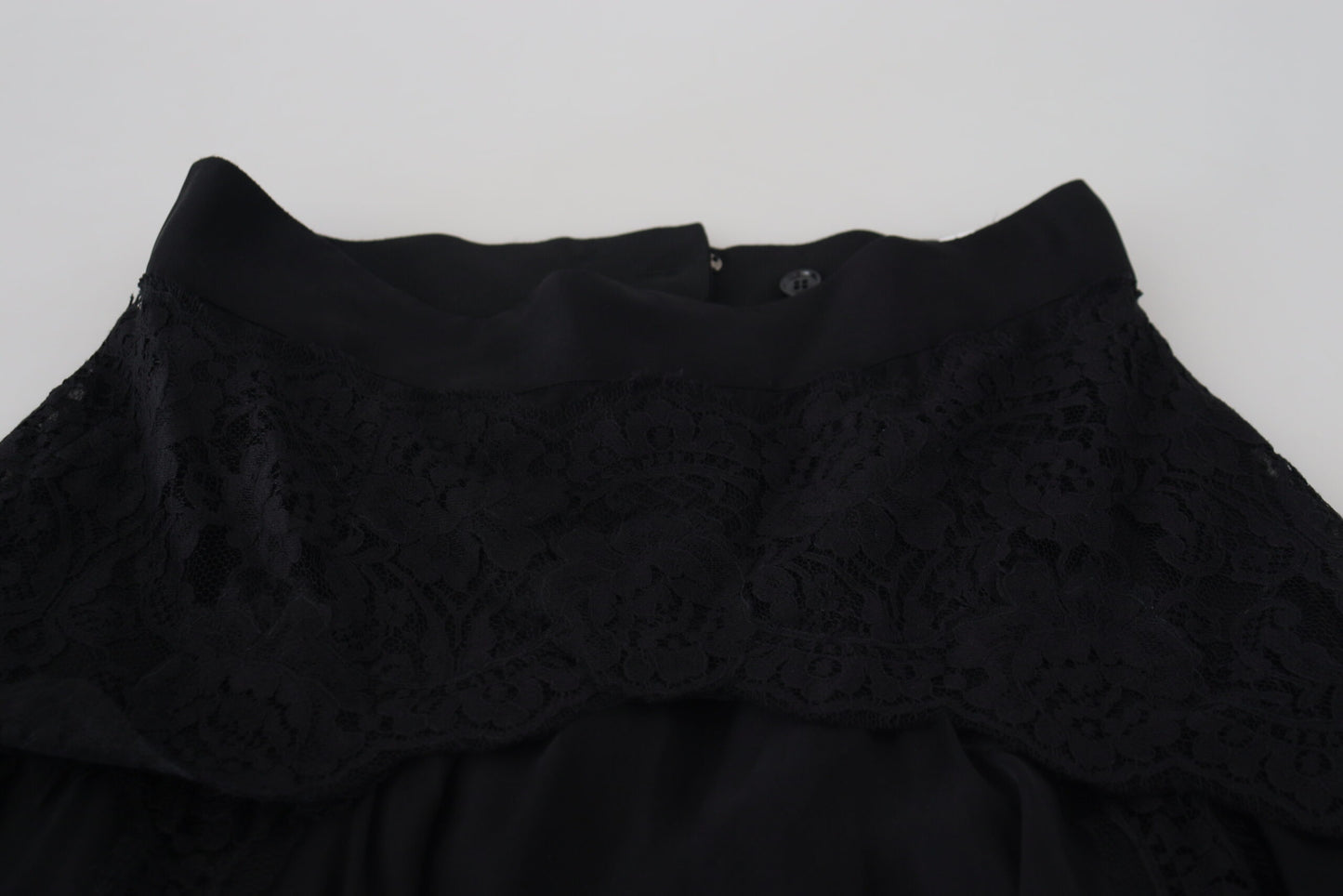 Schwarzer Seiden-Spitzenbesatz Midirock mit hoher Taille
