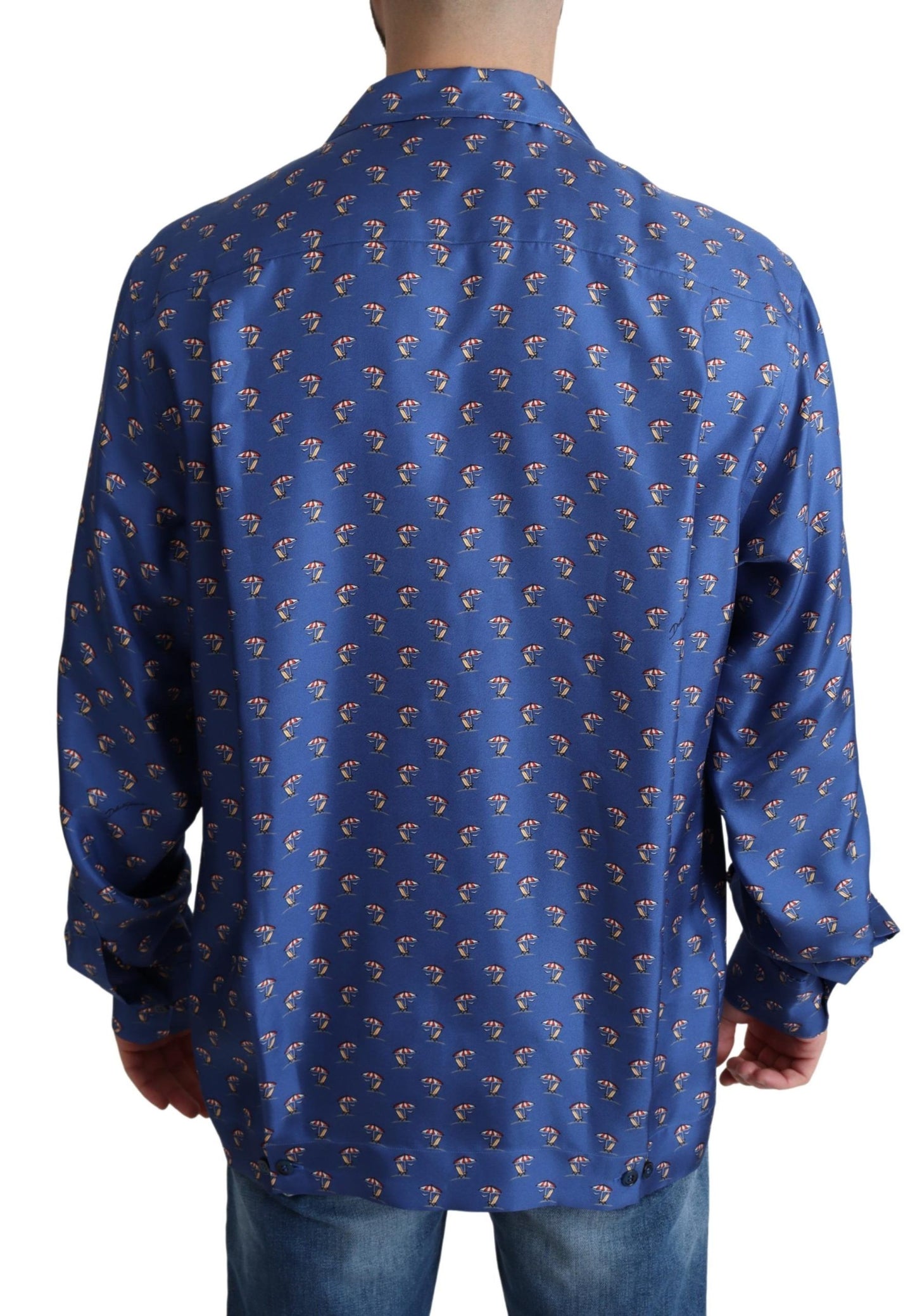 Blaues Strandkorb-Schirmchen Print Seidenhemd