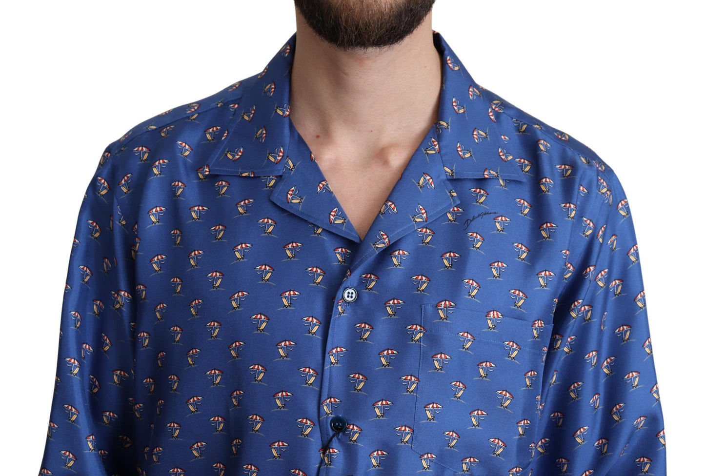 Blaues Strandkorb-Schirmchen Print Seidenhemd