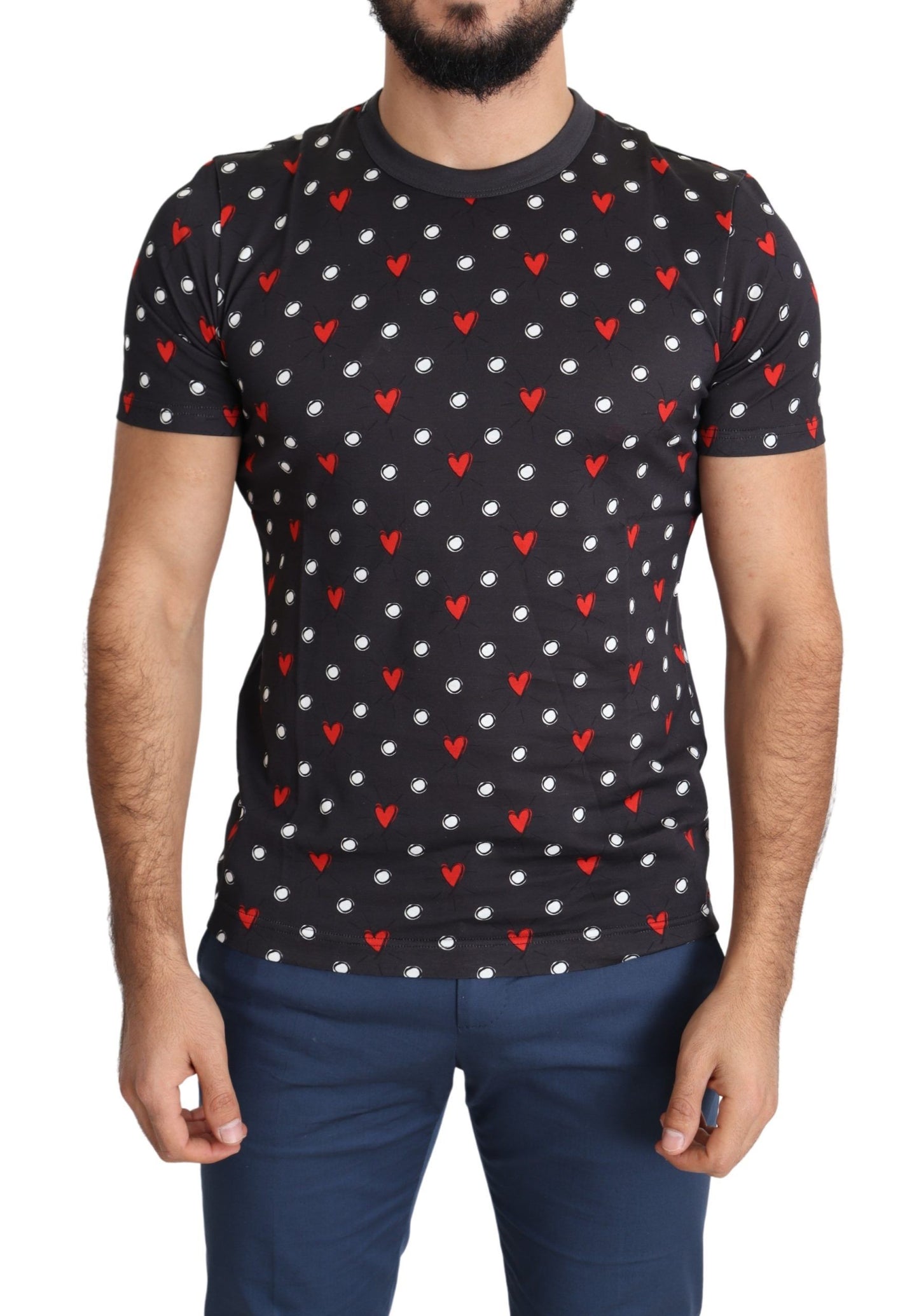 Dunkelgraues Baumwoll-T-Shirt mit Herzdruck für Männer