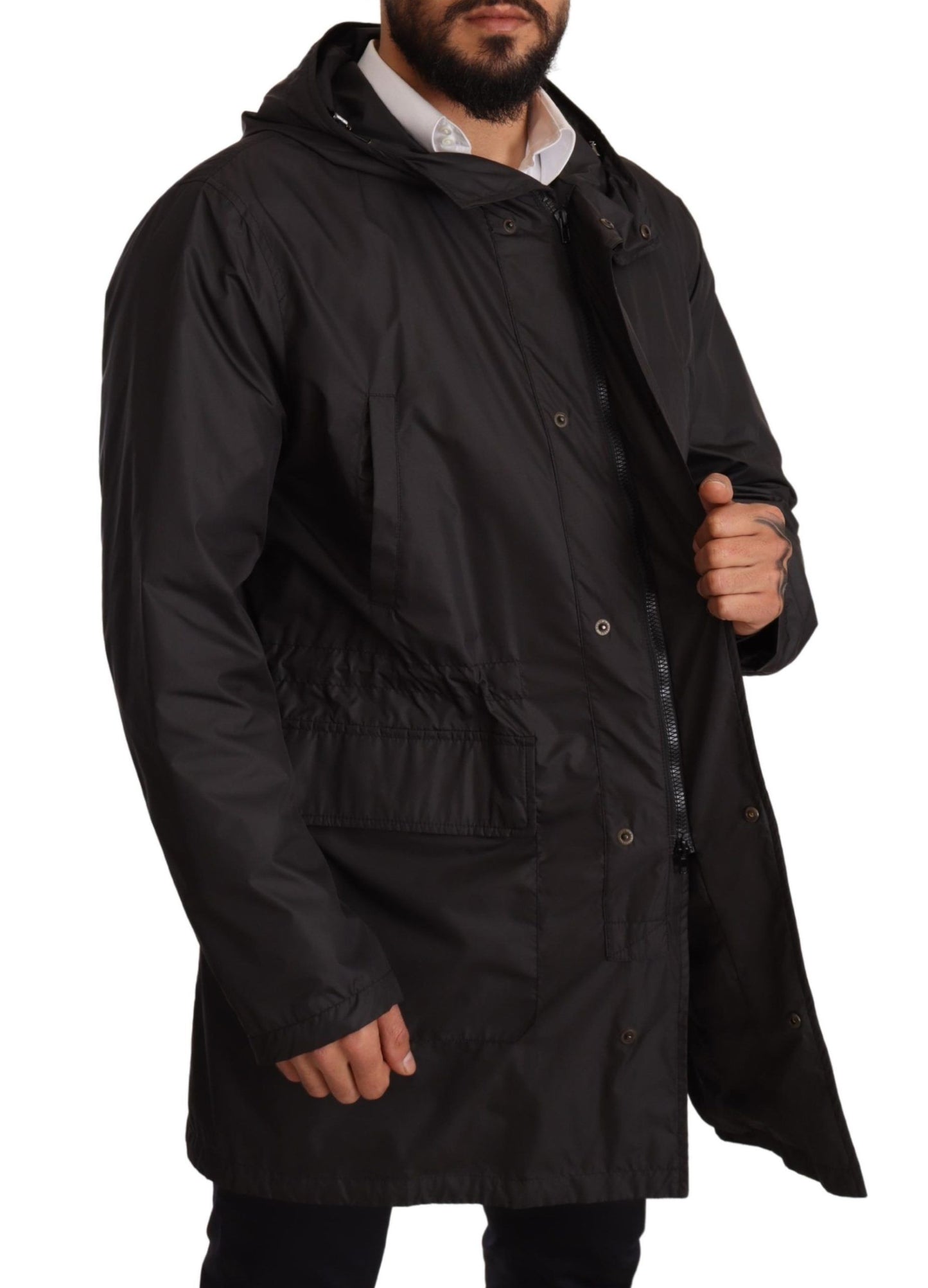 Schwarzer Kapuzenmantel Herren Trenchcoat Jacke