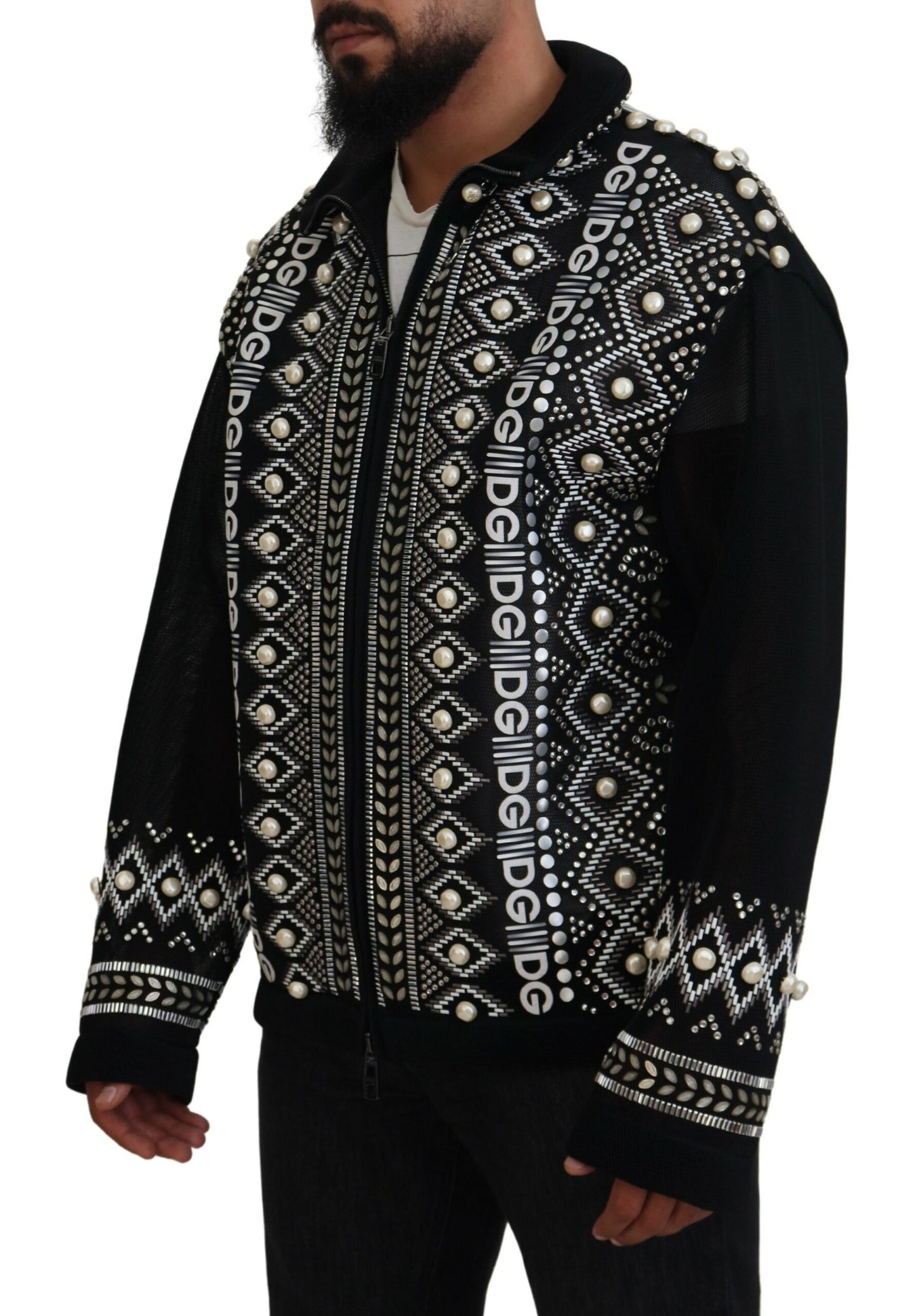 Schwarz Weiß DG Perlenverzierte Jacke