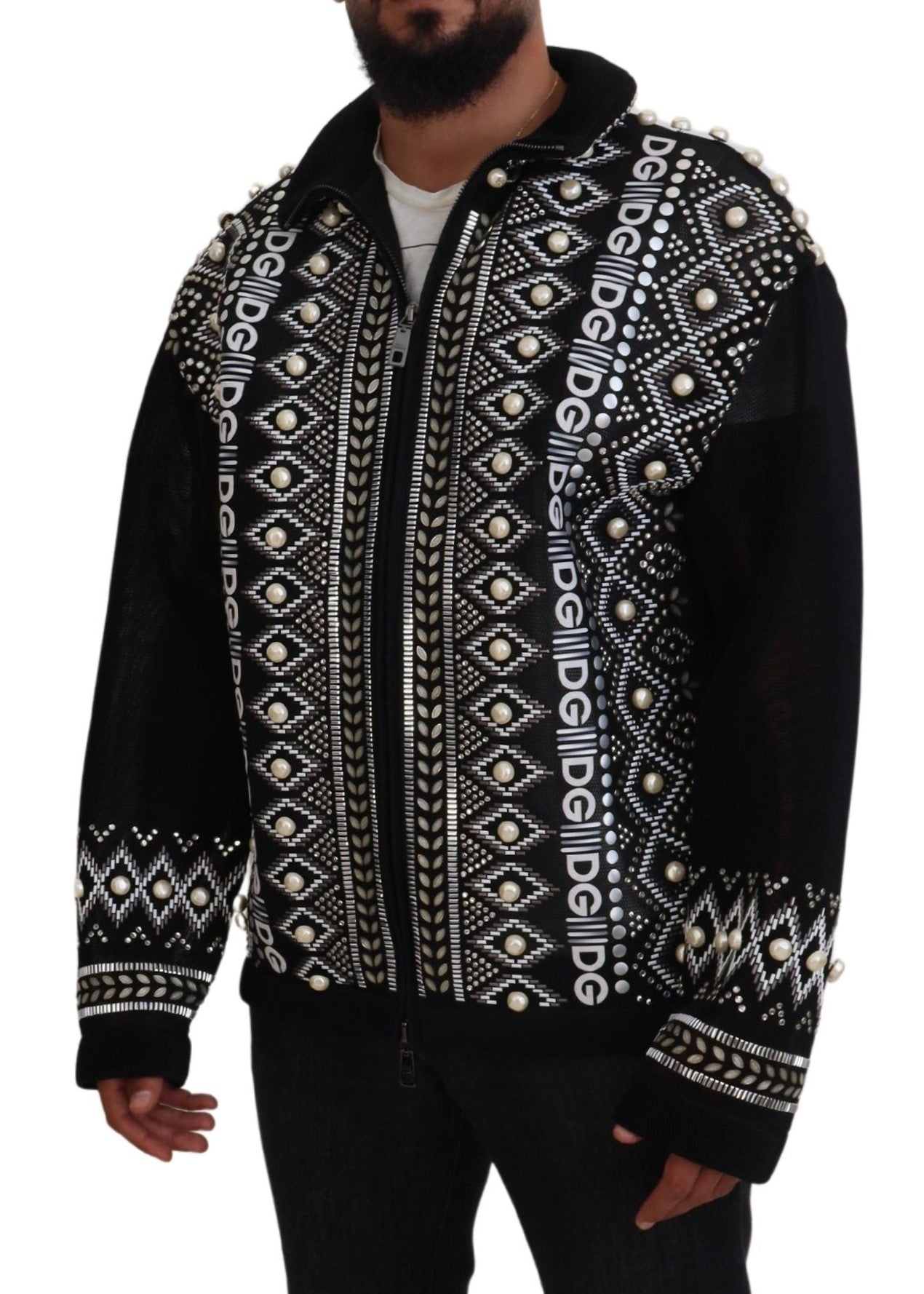 Schwarz Weiß DG Perlenverzierte Jacke