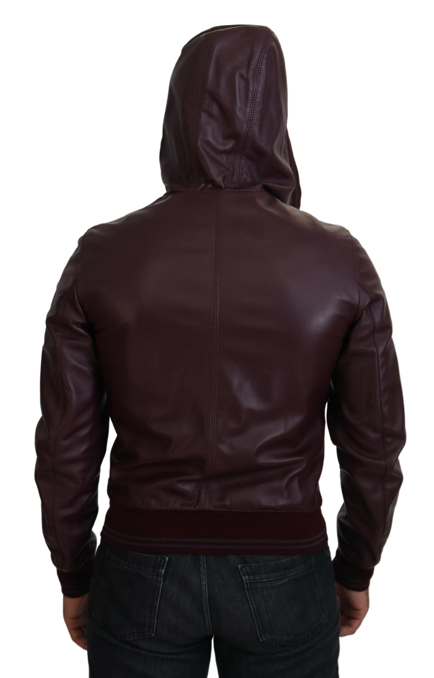 Kastanienbraune Lederjacke mit Kapuze und Reißverschluss