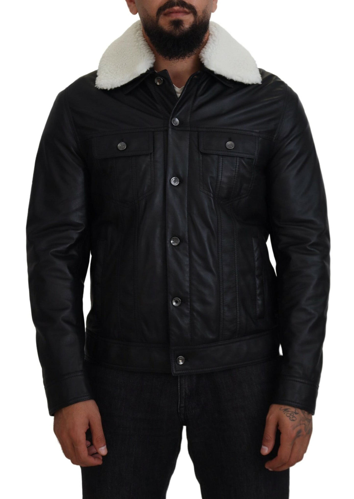 Schwarzes Lammleder mit Kragen Herrenmantel Jacke