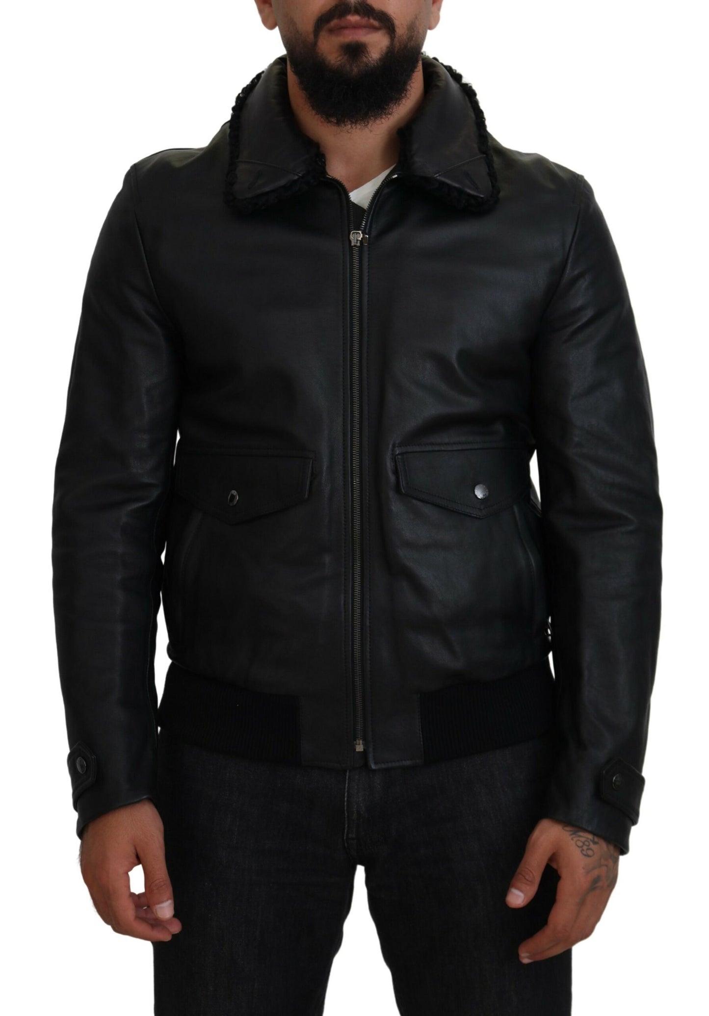 Schwarzes Lammleder mit Kragen Herrenmantel Jacke