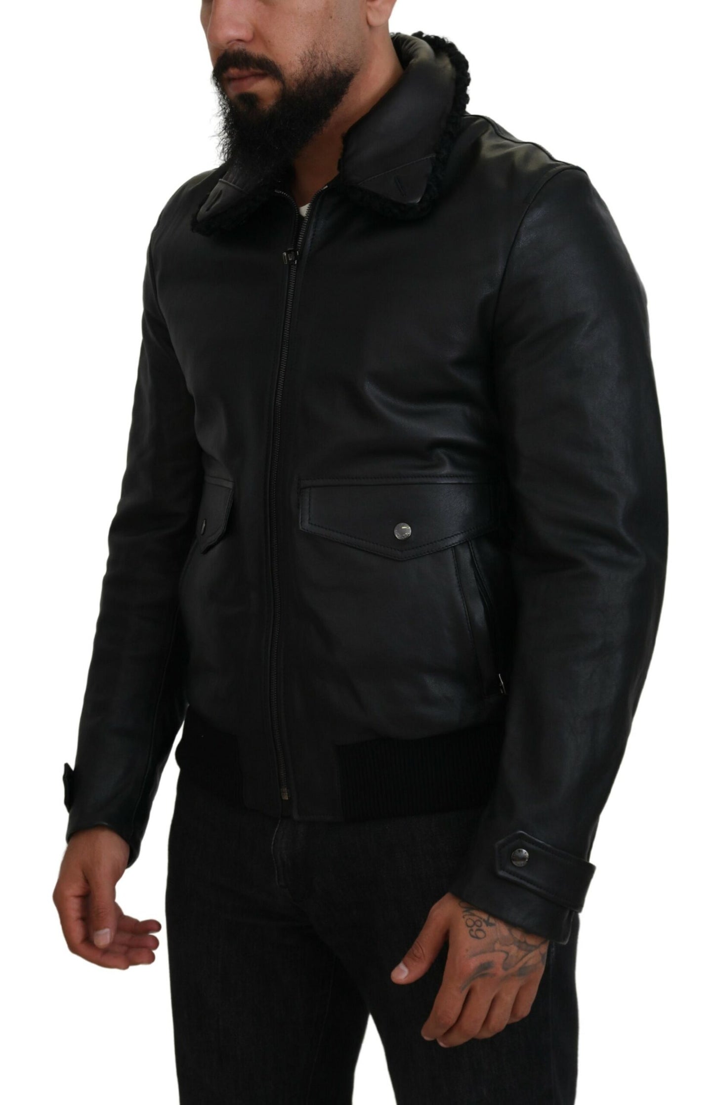 Schwarzes Lammleder mit Kragen Herrenmantel Jacke