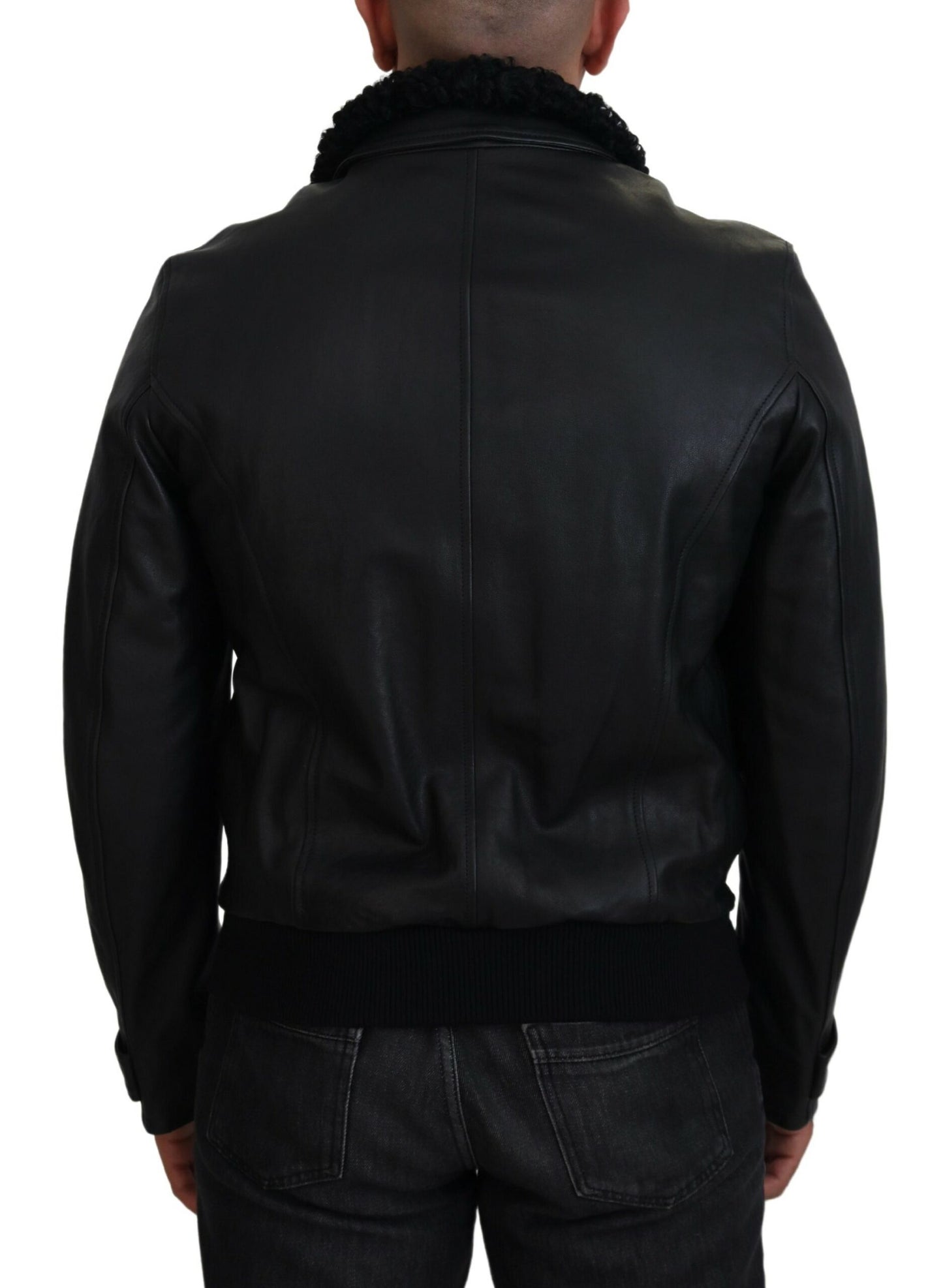 Schwarzes Lammleder mit Kragen Herrenmantel Jacke