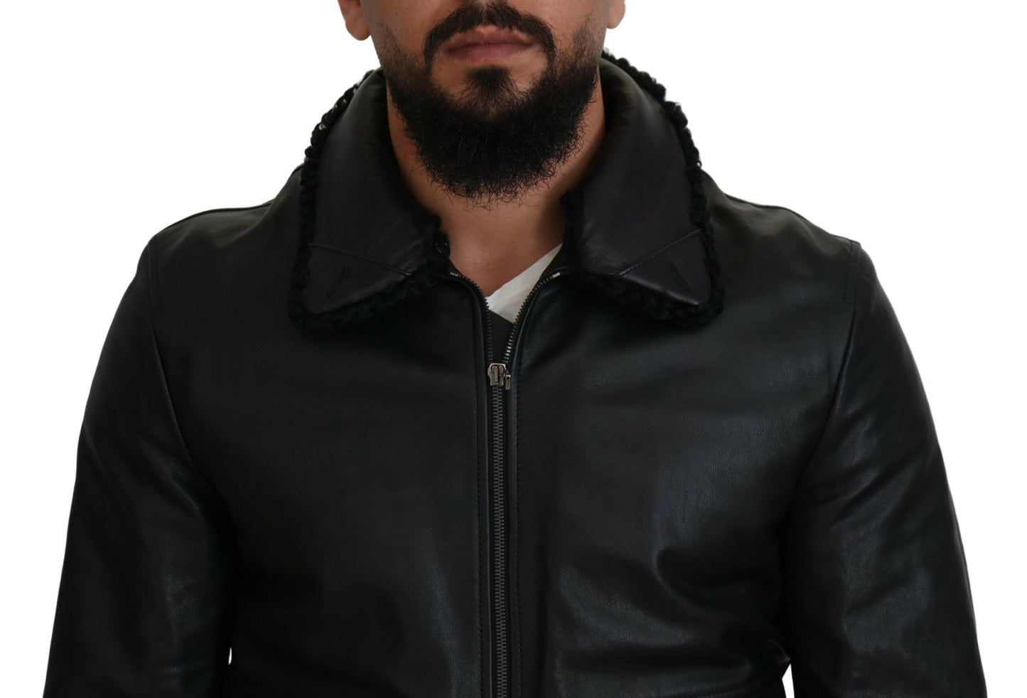 Schwarzes Lammleder mit Kragen Herrenmantel Jacke