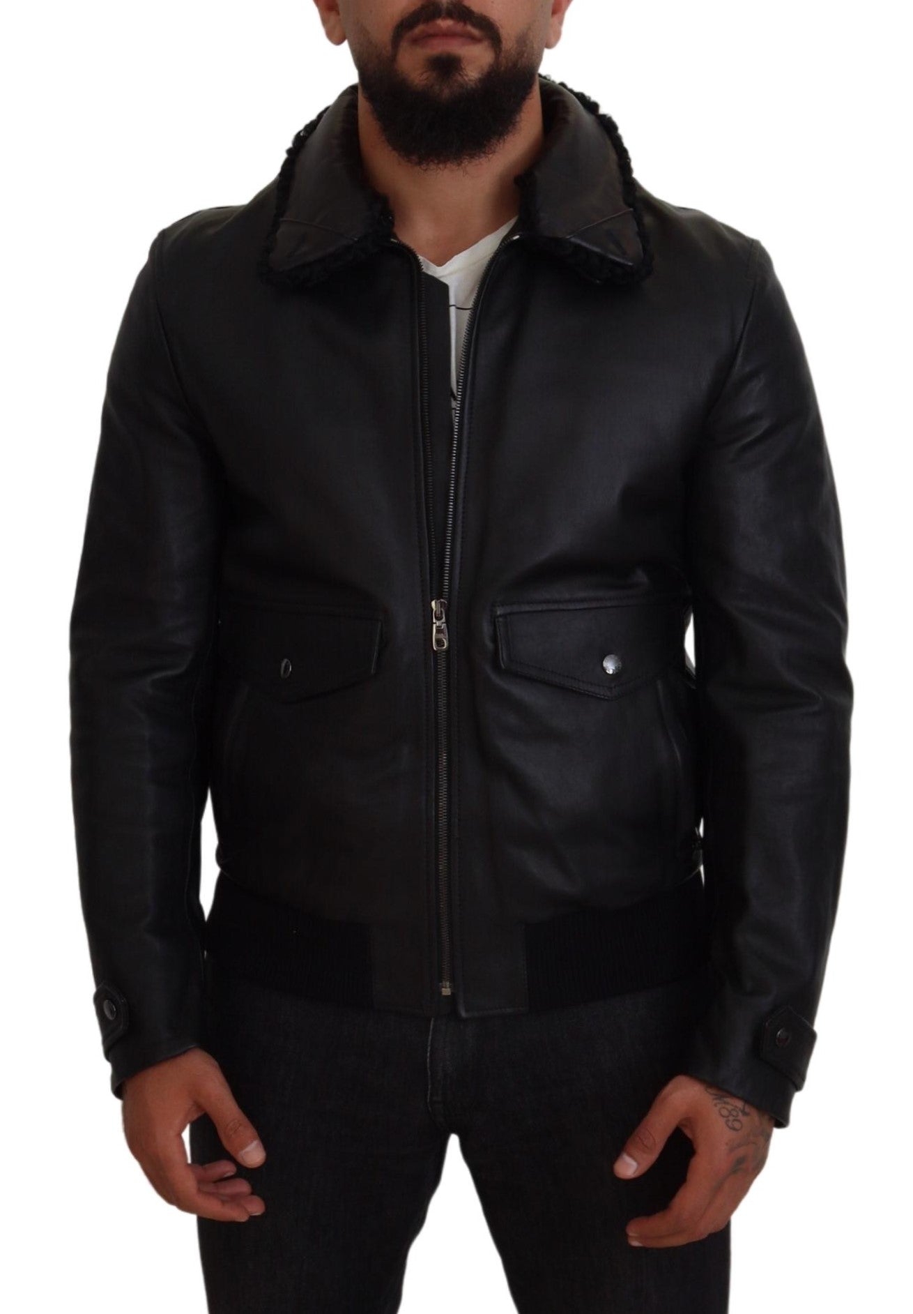 Schwarzes Lammleder mit Kragen Herrenmantel Jacke