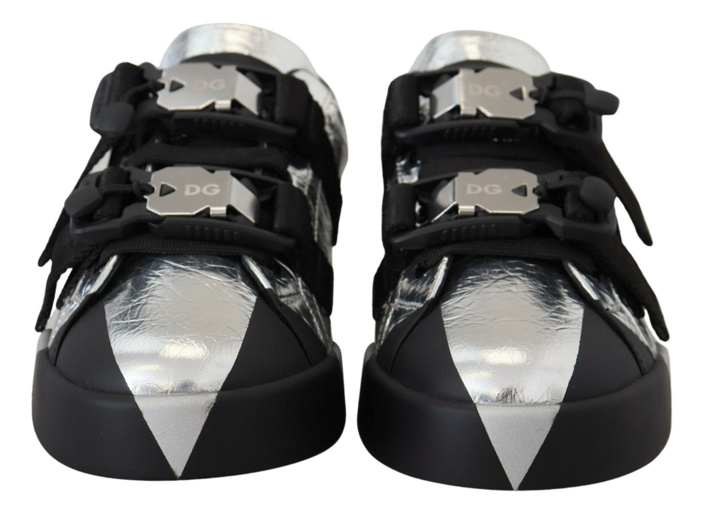 Schwarz Silber Leder Low Top Sneakers Freizeitschuhe