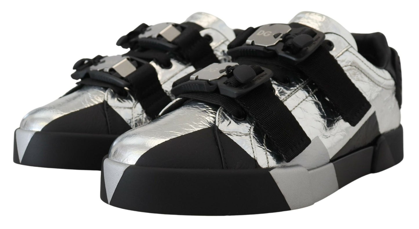 Schwarz Silber Leder Low Top Sneakers Freizeitschuhe
