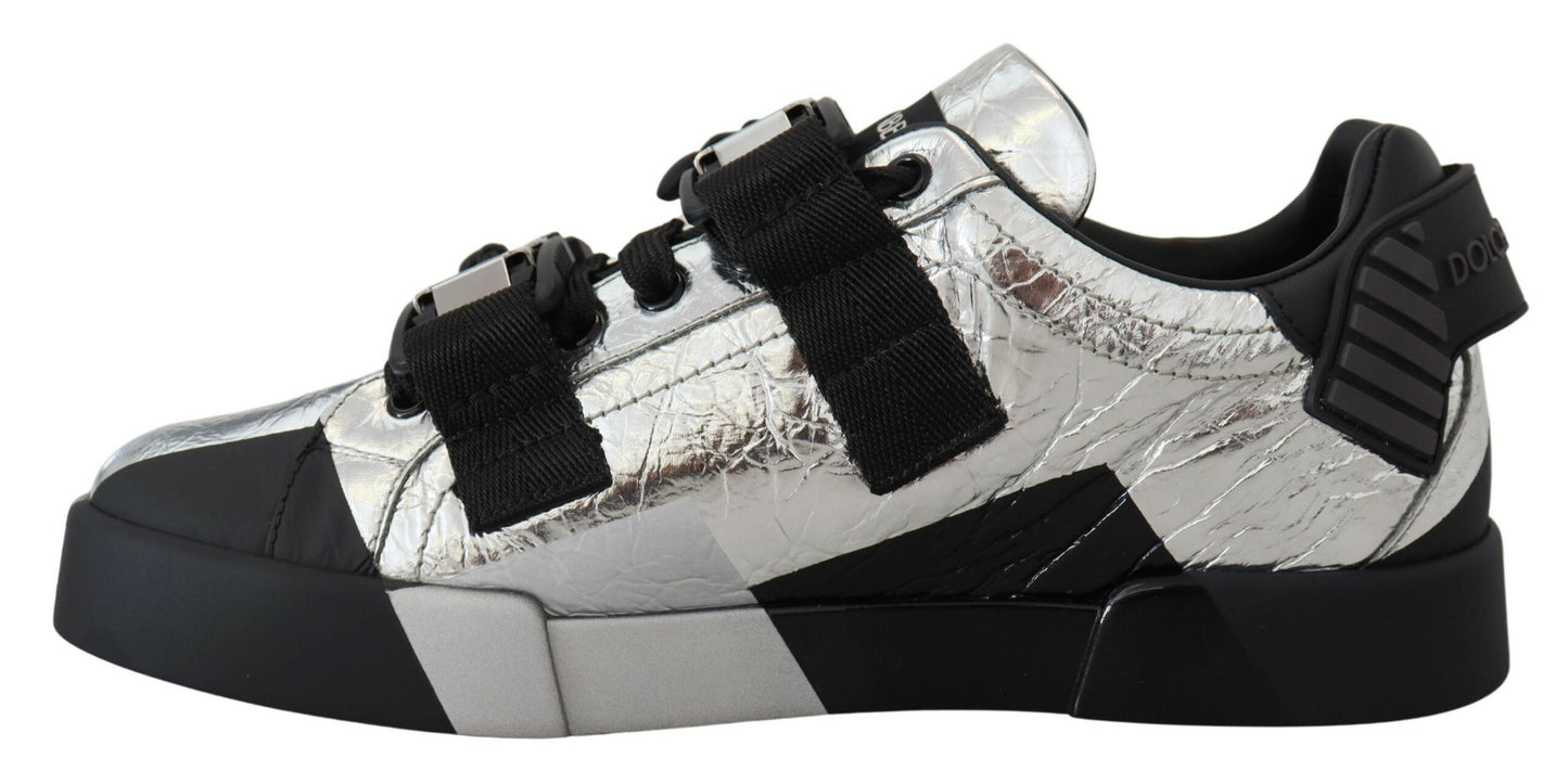 Schwarz Silber Leder Low Top Sneakers Freizeitschuhe