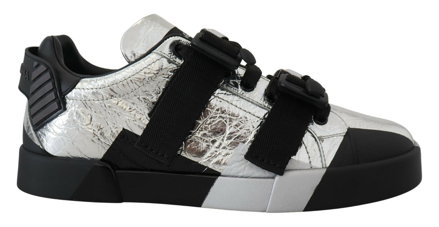 Schwarz Silber Leder Low Top Sneakers Freizeitschuhe