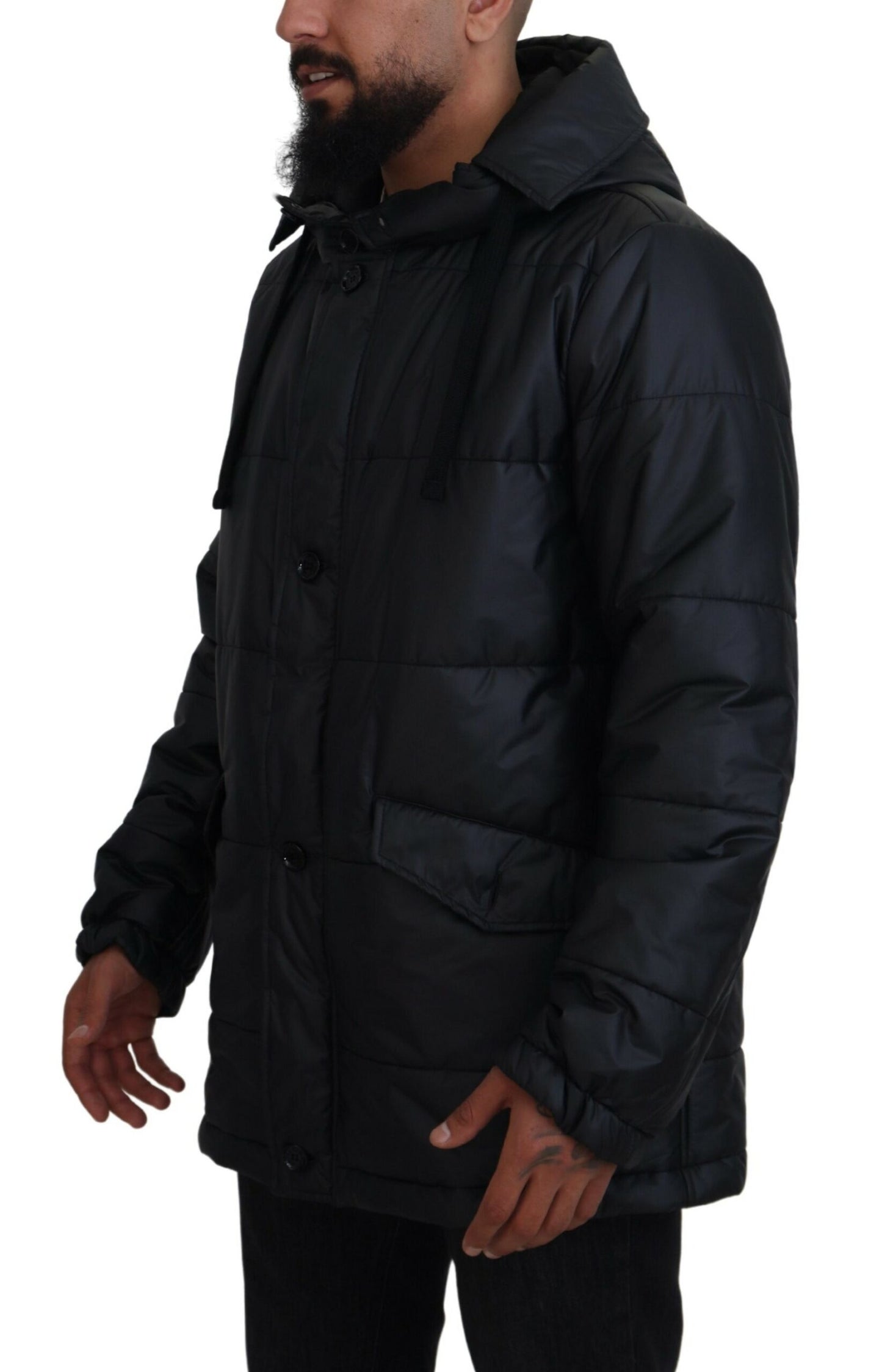 Schwarzer Polyester-Parka-Mantel mit Kapuze Winterjacke