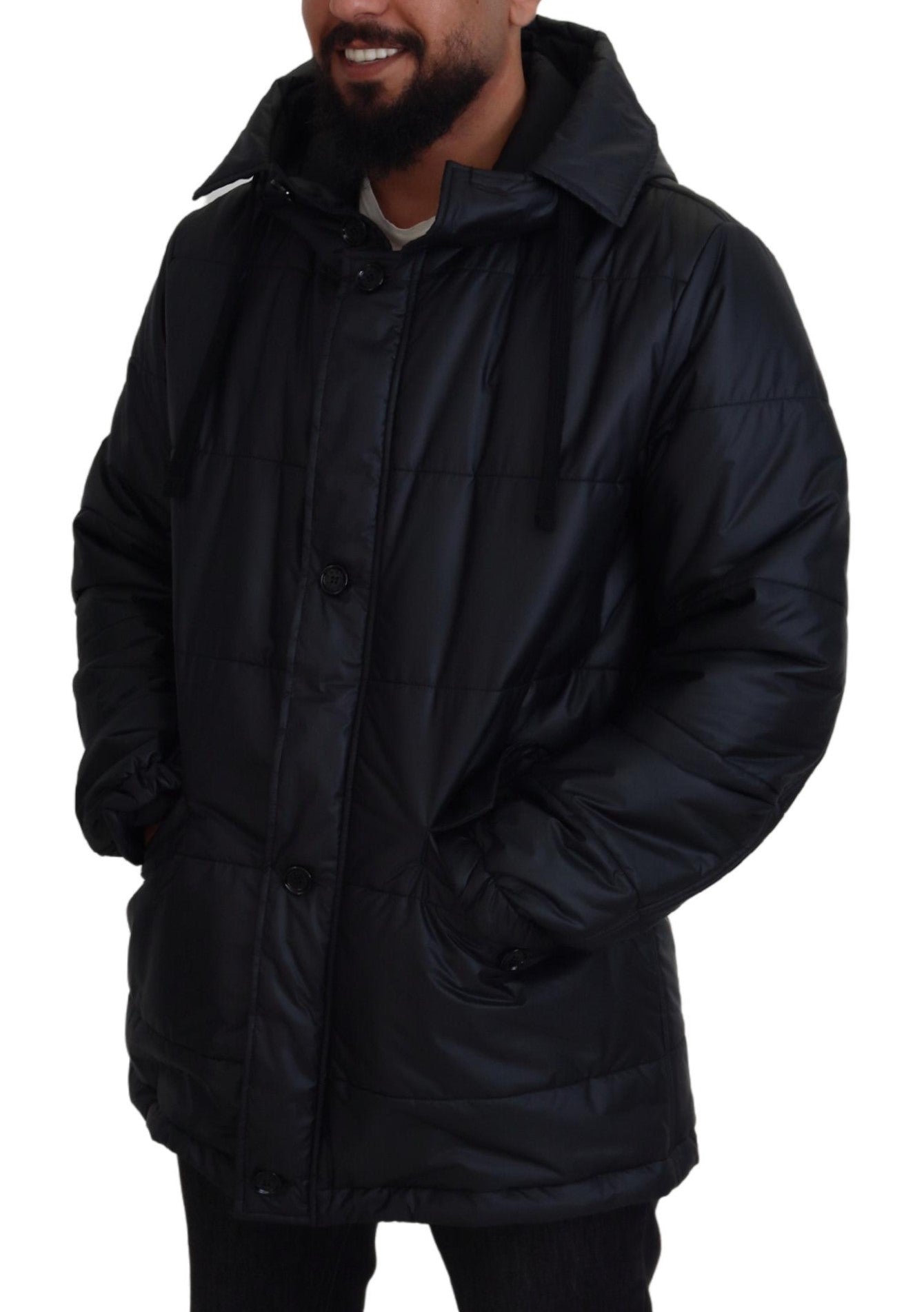 Schwarzer Polyester-Parka-Mantel mit Kapuze Winterjacke