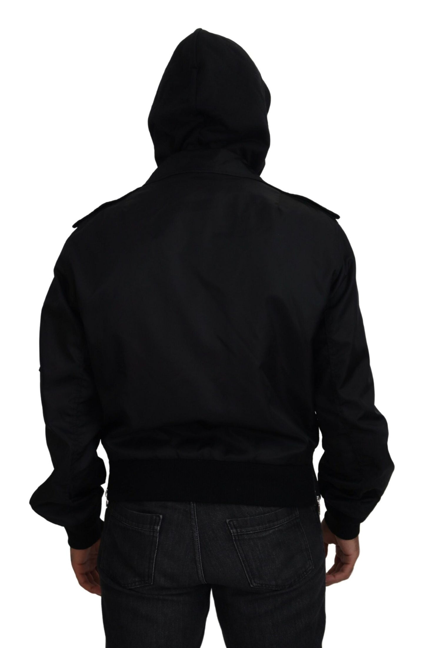 Schwarzes Nylon mit Kapuze und durchgehendem Reißverschluss Männer Mantel Jacke