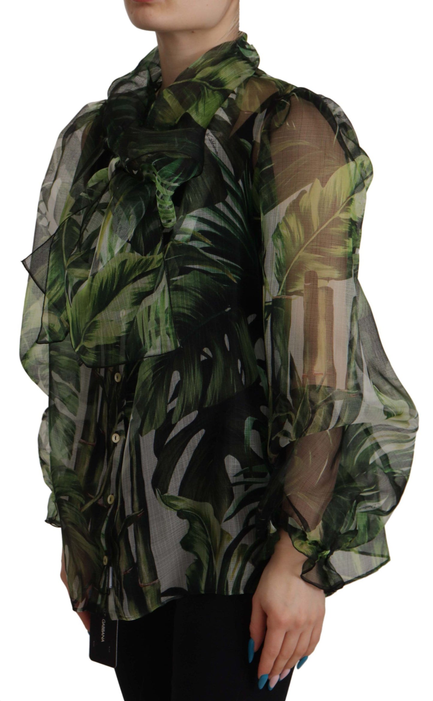 Grünes Bananenblatt Seidenoberteil Shirt Bluse