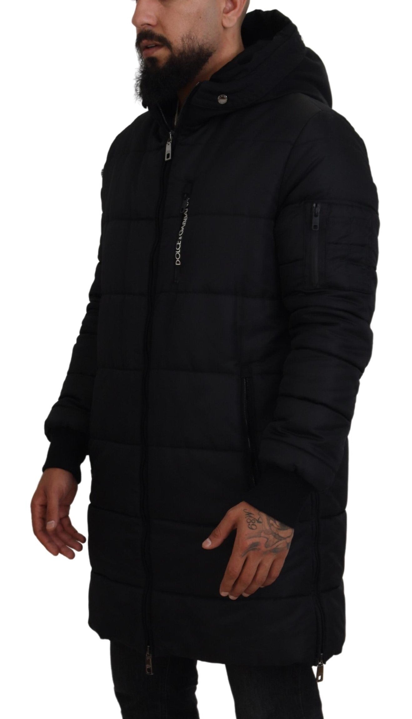 Schwarzer Nylon-Parka-Mantel mit Kapuze Winterjacke