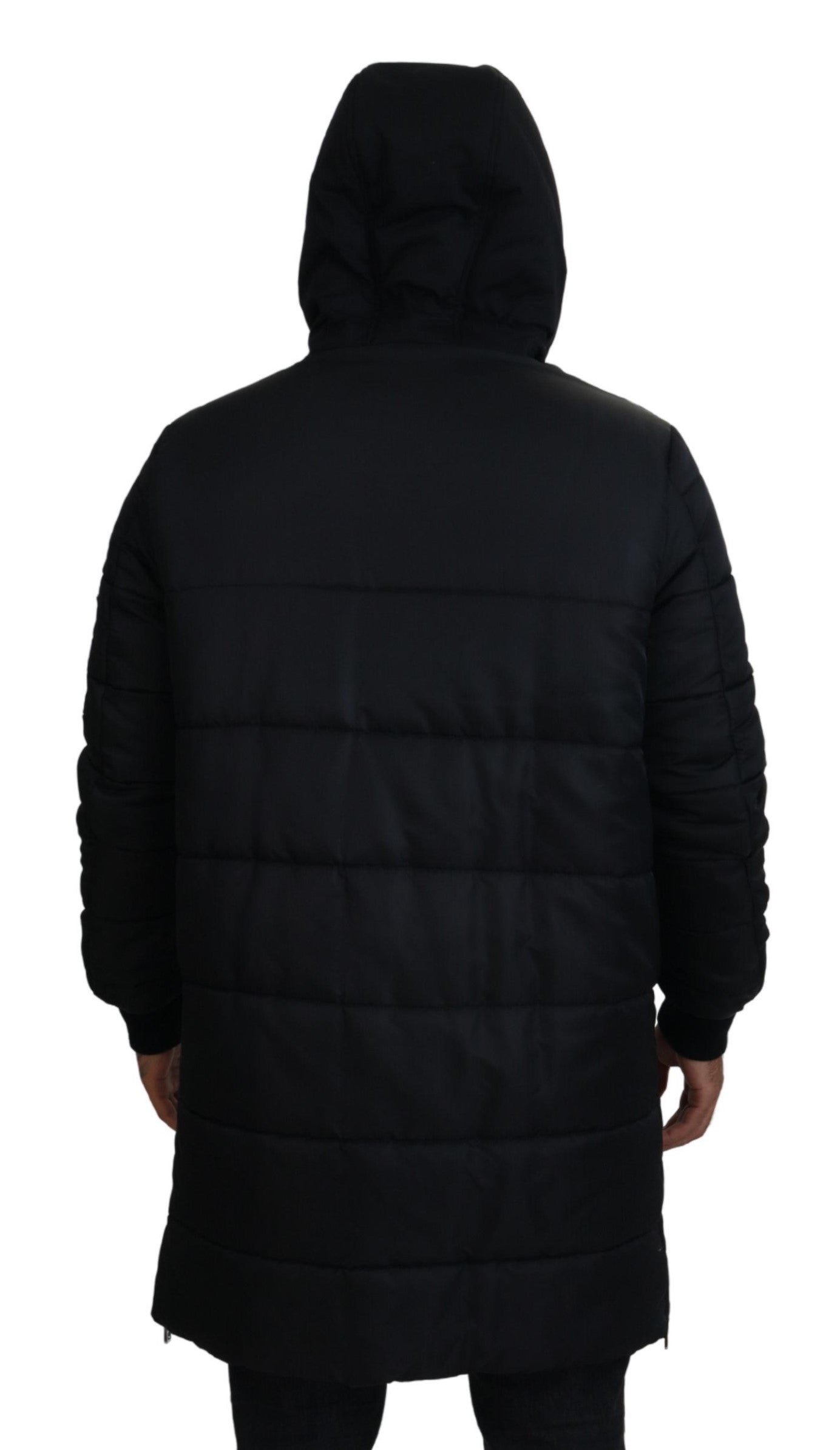 Schwarzer Nylon-Parka-Mantel mit Kapuze Winterjacke