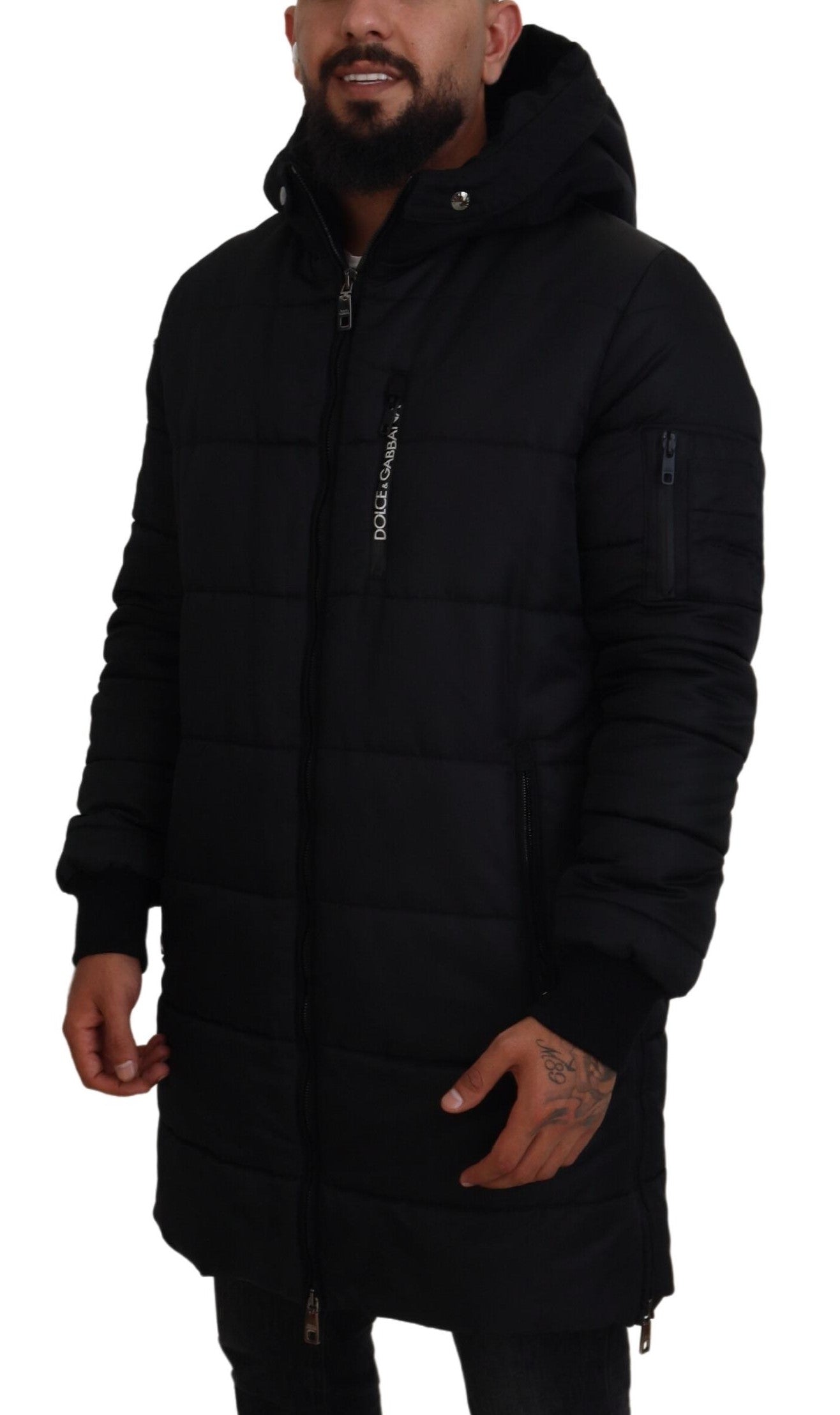 Schwarzer Nylon-Parka-Mantel mit Kapuze Winterjacke