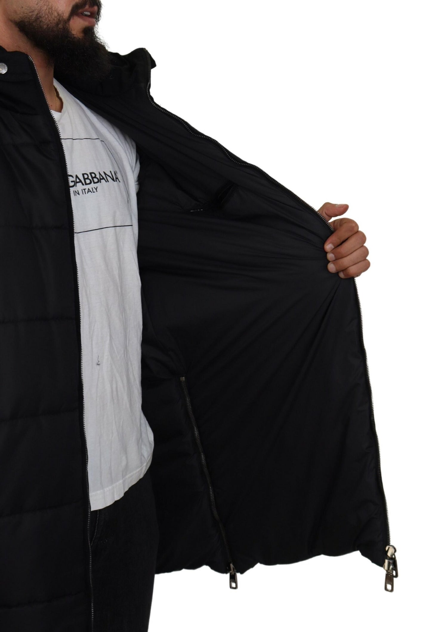 Schwarzer Nylon-Parka-Mantel mit Kapuze Winterjacke