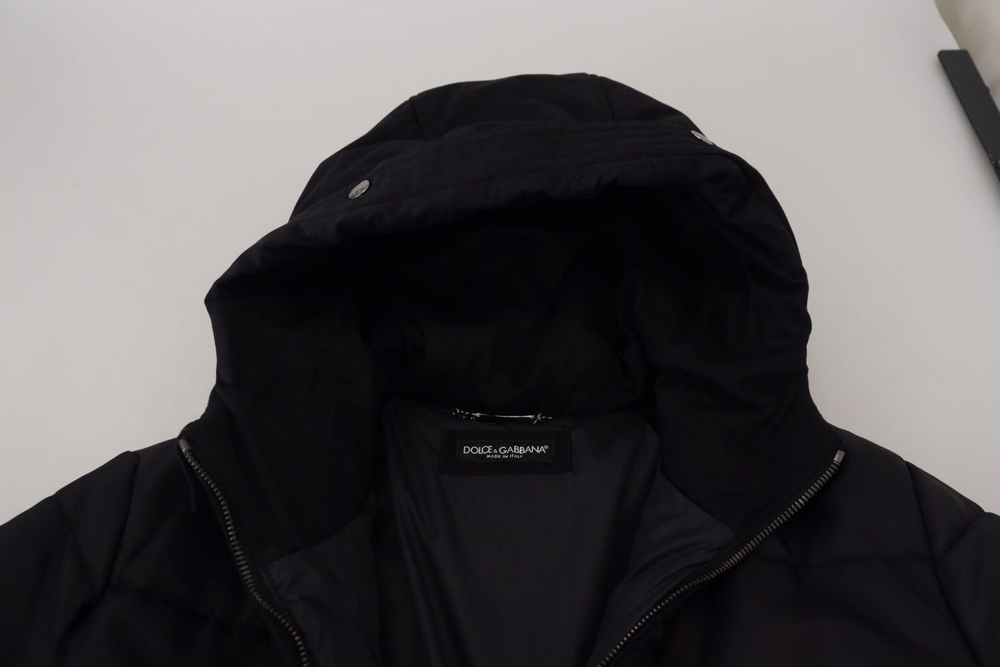 Schwarzer Nylon-Parka-Mantel mit Kapuze Winterjacke