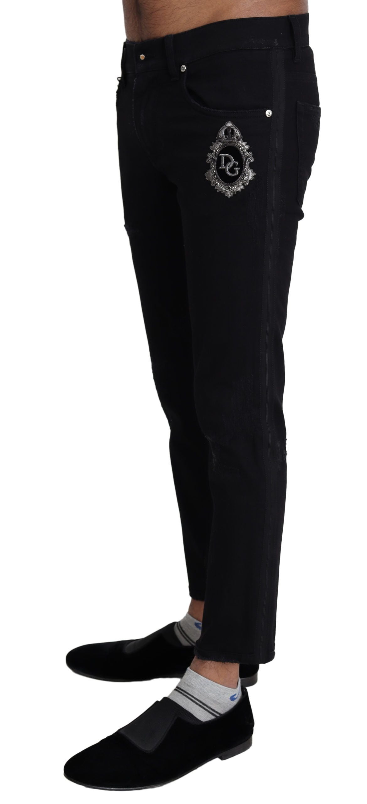 Schwarze Skinny Denim-Jeans mit Heraldik-Stickerei