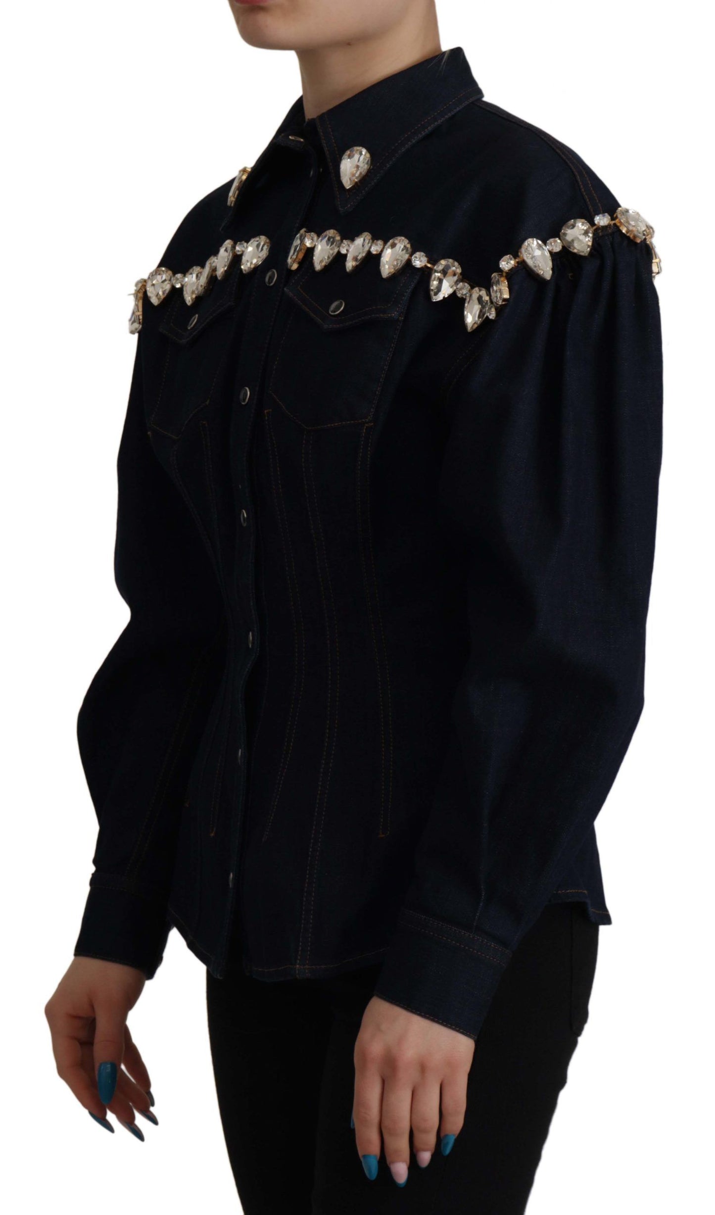 Blaue Denim Jacke aus Baumwolle mit Kristallverzierung