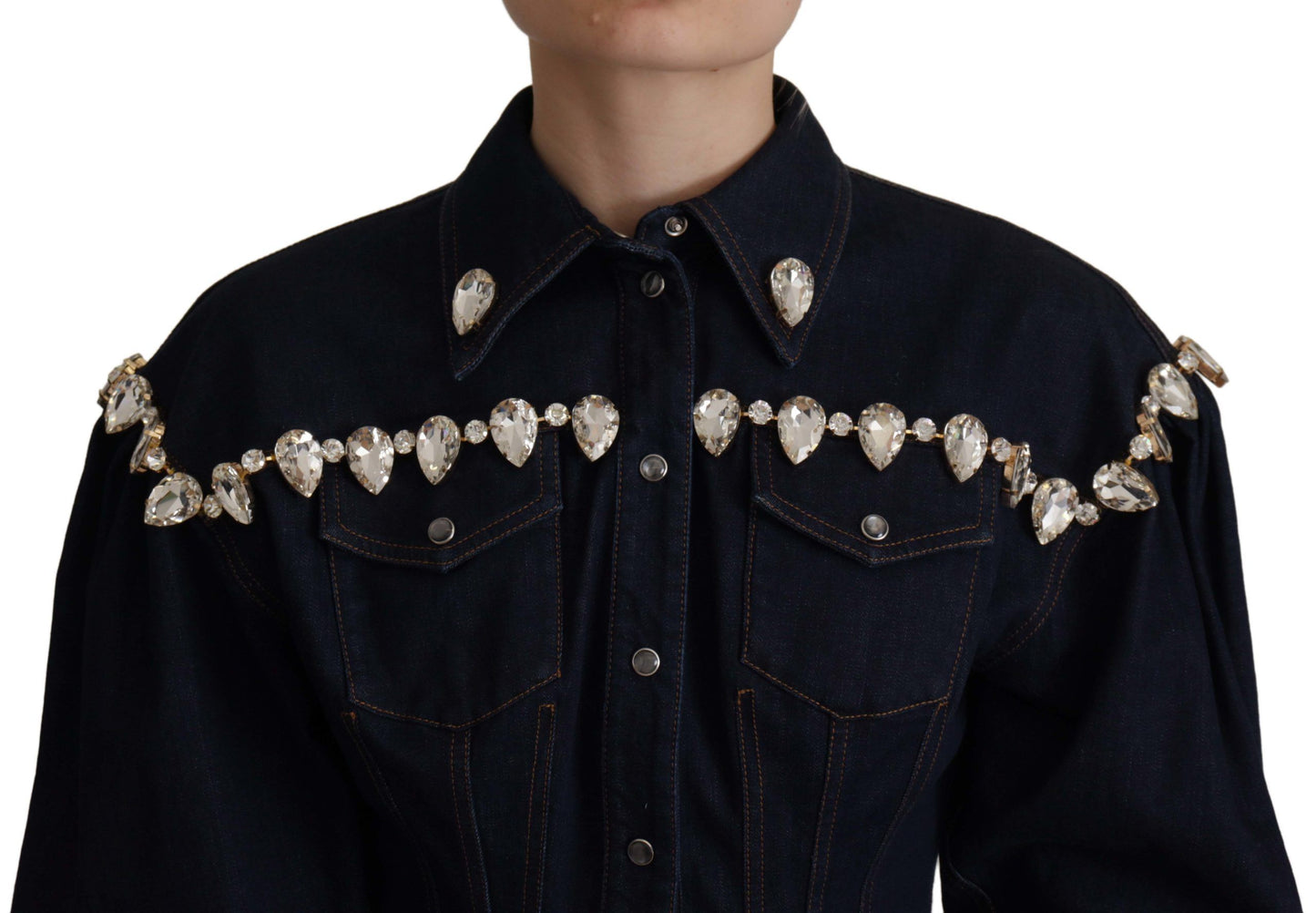 Blaue Denim Jacke aus Baumwolle mit Kristallverzierung