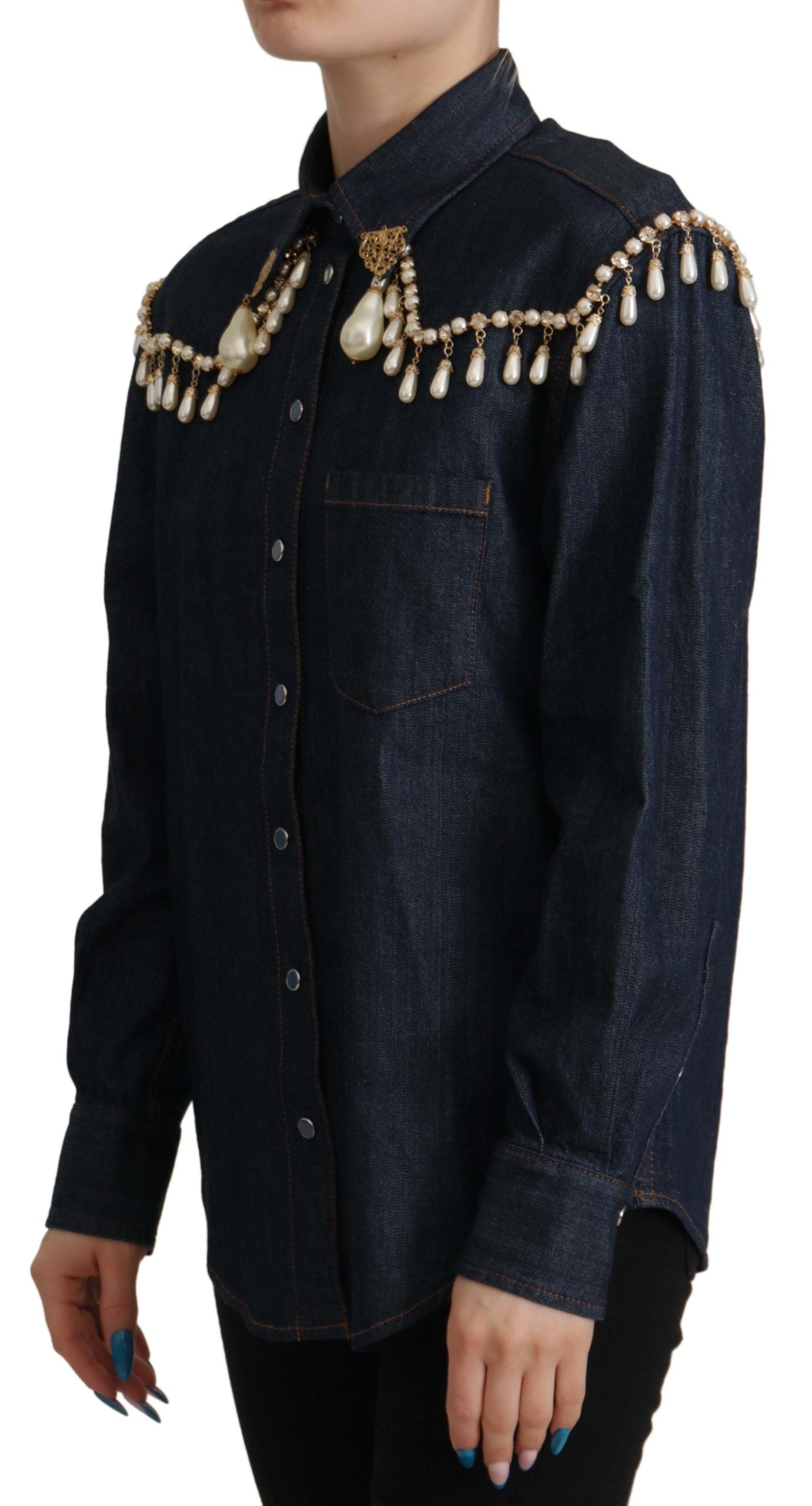 Blaues Denim-Top mit Perlenverzierung und langen Ärmeln
