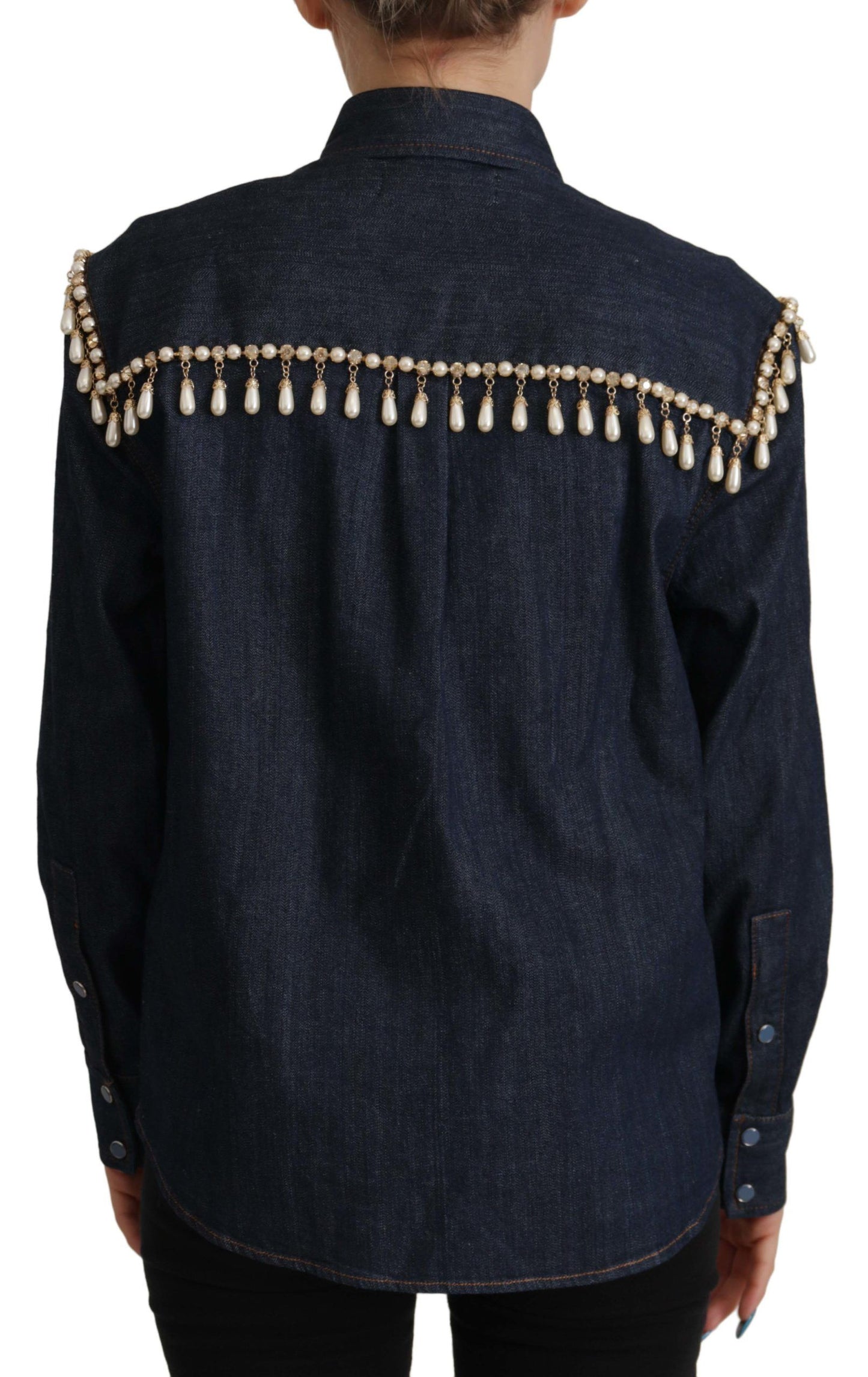 Blaues Denim-Top mit Perlenverzierung und langen Ärmeln
