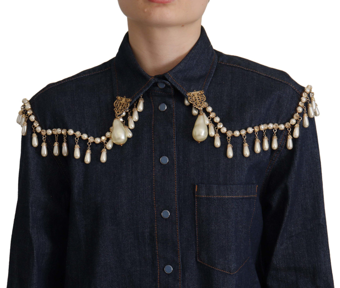 Blaues Denim-Top mit Perlenverzierung und langen Ärmeln