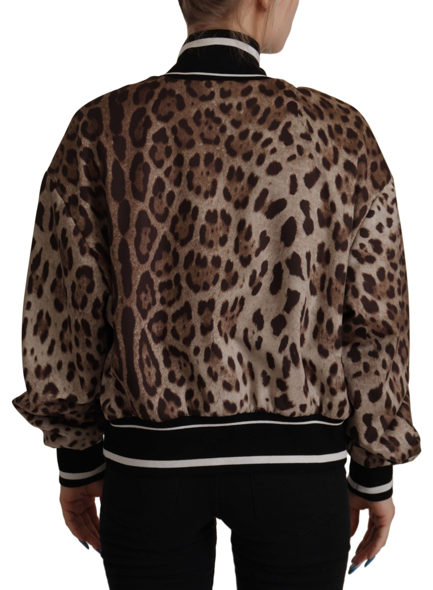 Braune Jacke mit Leopardenmuster und durchgehendem Reißverschluss aus Nylon
