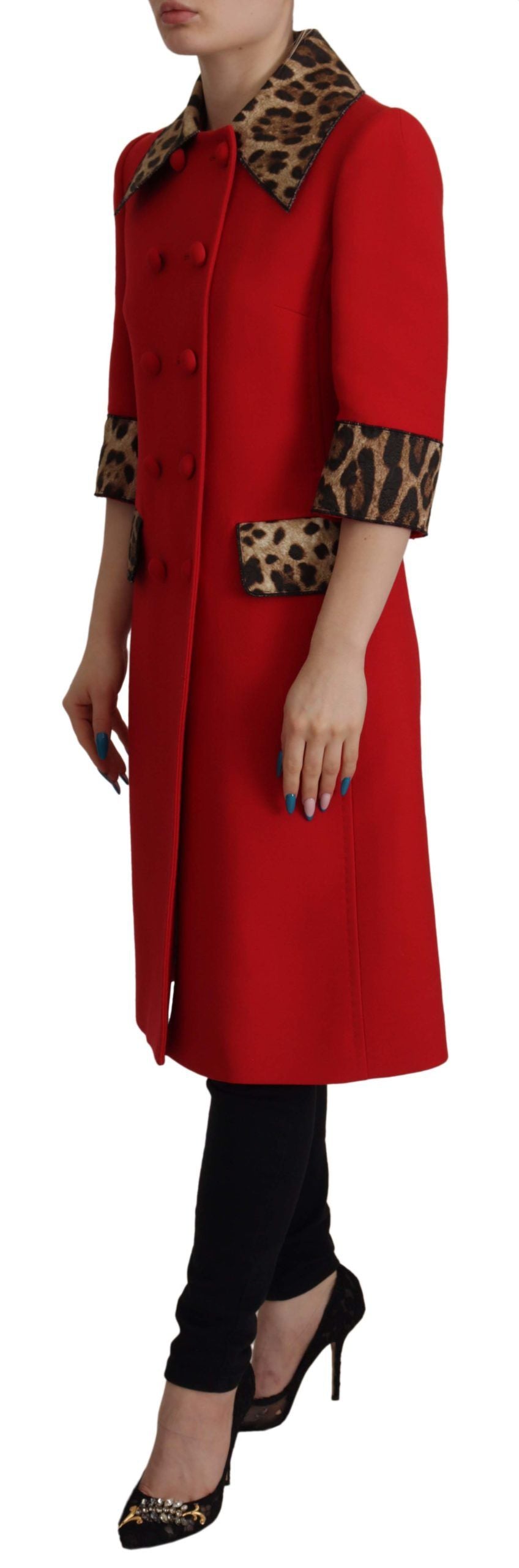 Trenchcoat-Jacke aus Wolle mit rotem Leopardenmuster