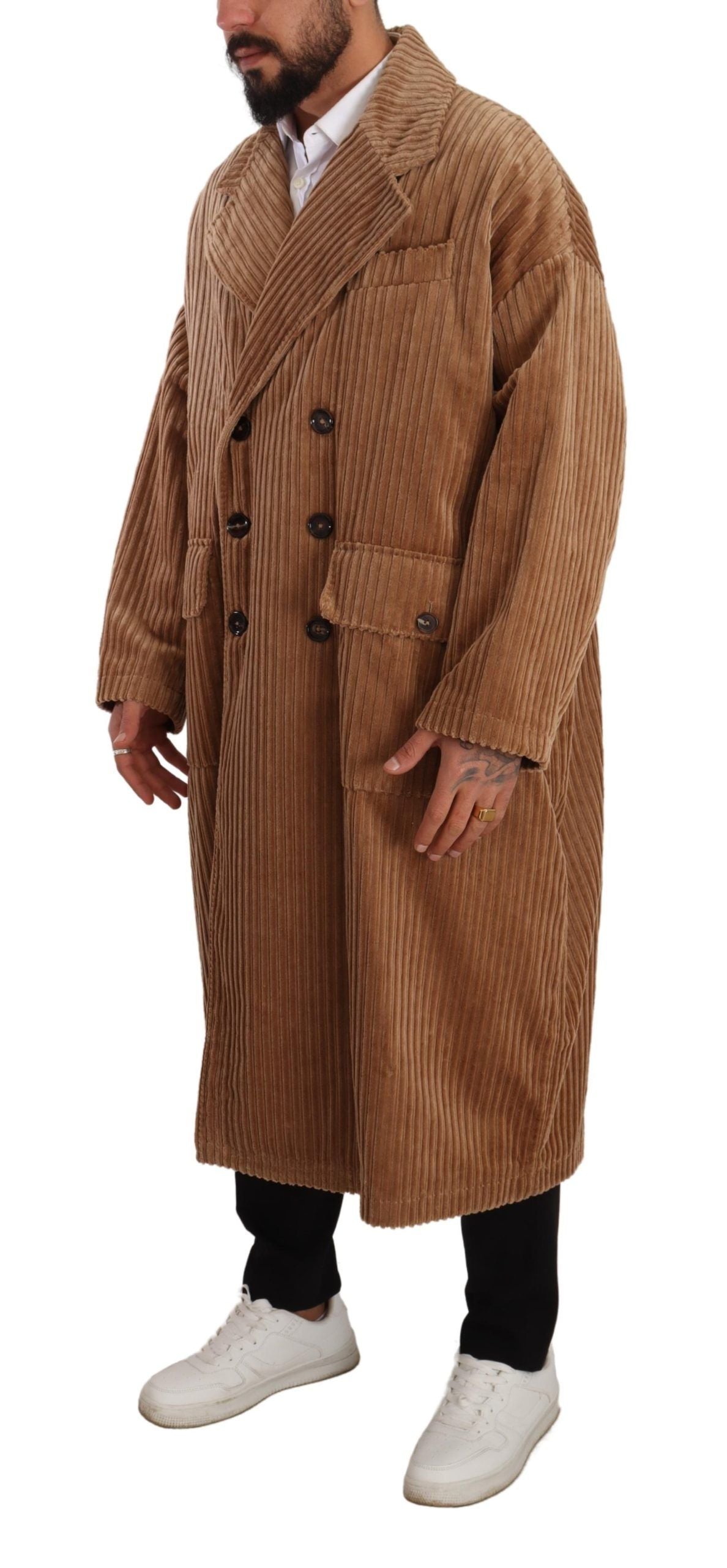 Beigefarbener Baumwollcord Langer Mantel Jacke