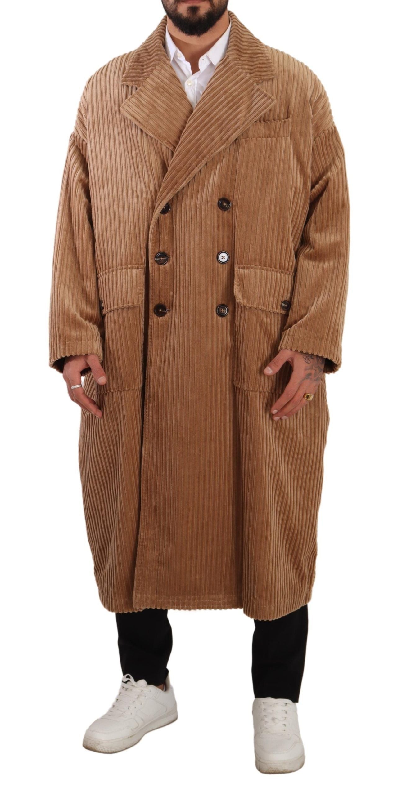 Beigefarbener Baumwollcord Langer Mantel Jacke