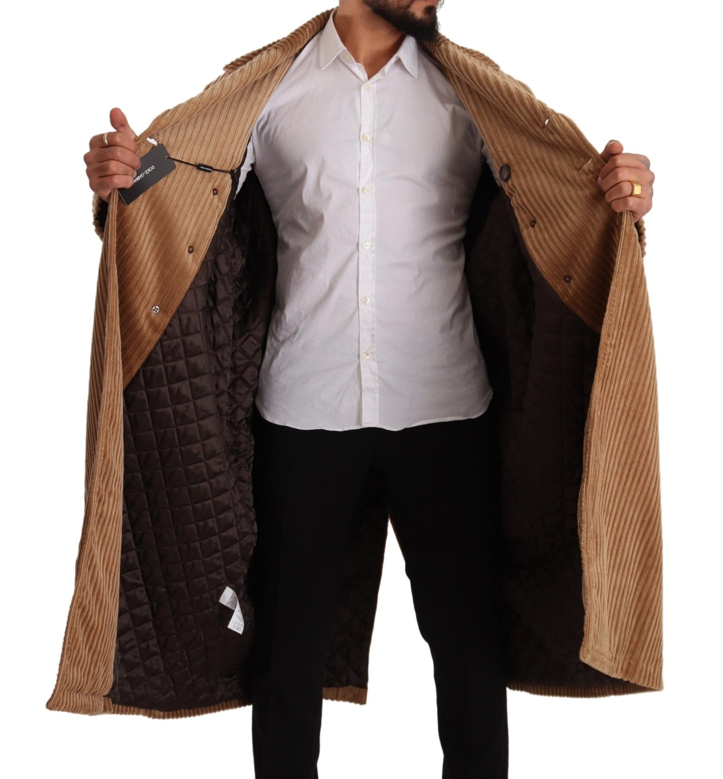 Beigefarbener Baumwollcord Langer Mantel Jacke