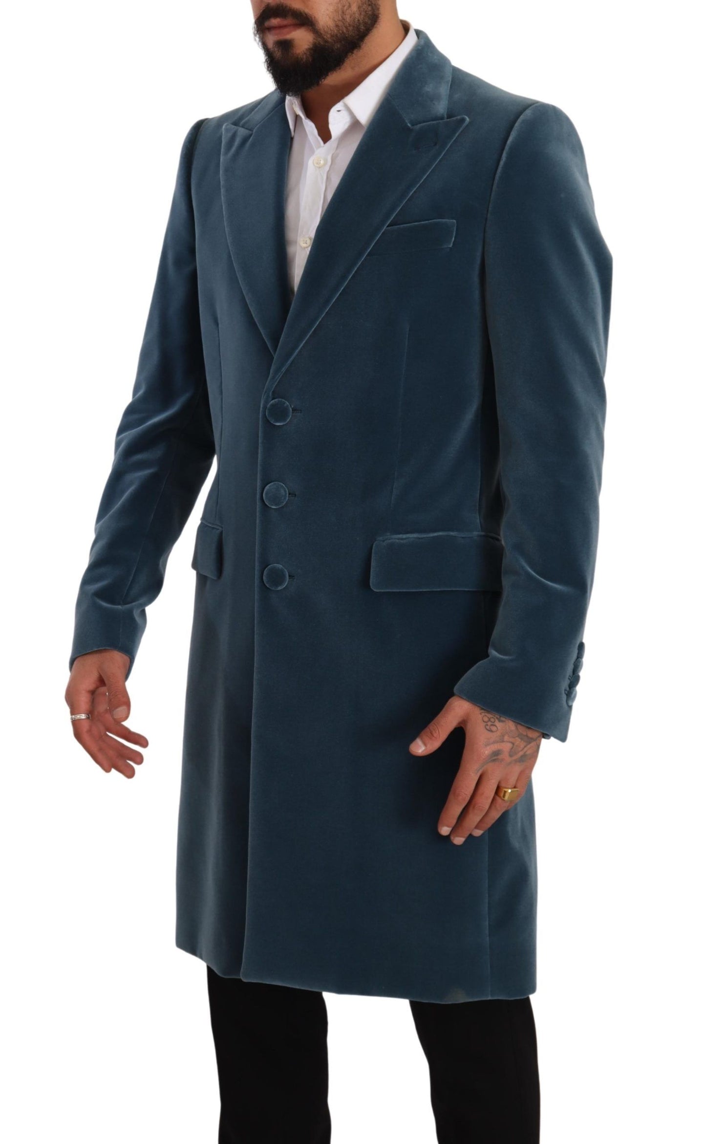 Blauer Baumwollsamt Long Overcoat Jacke