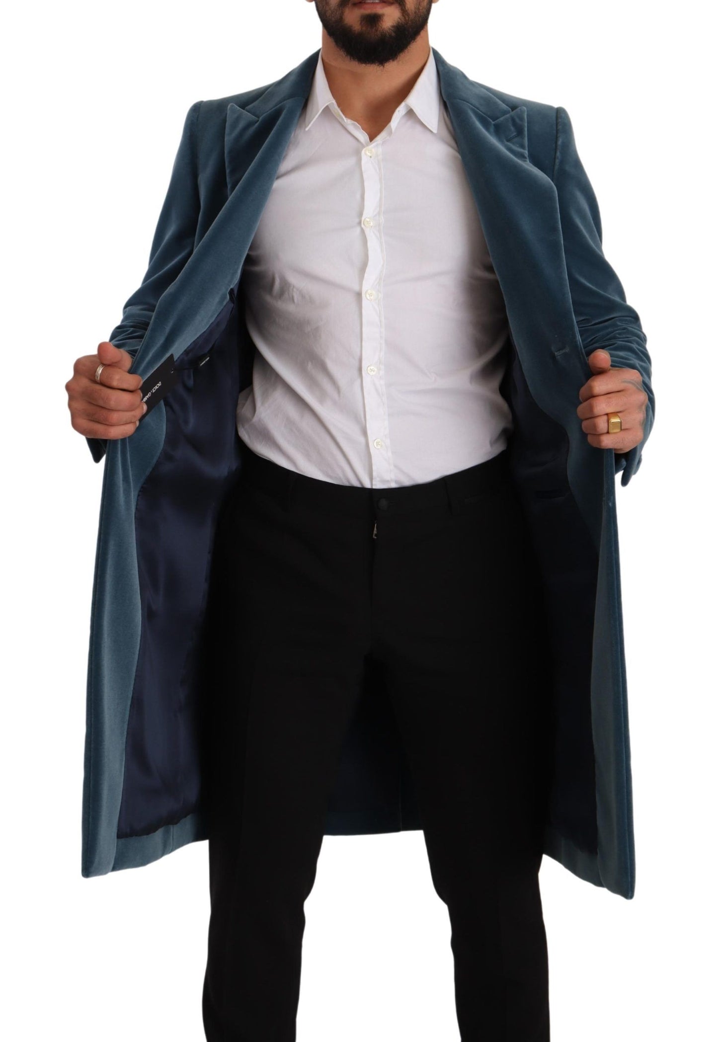 Blauer Baumwollsamt Long Overcoat Jacke