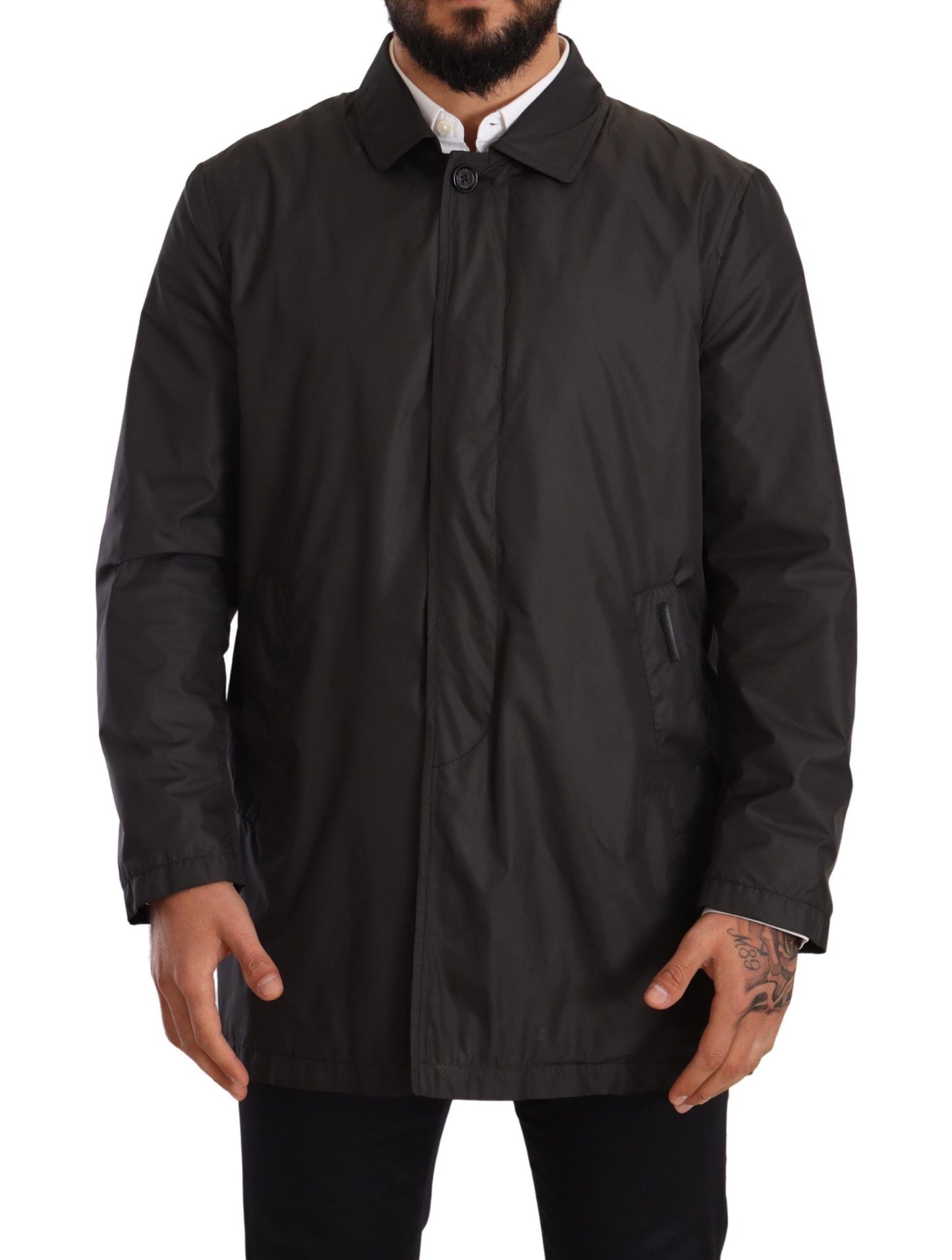 Schwarzer Polyester Herren Trenchcoat Jacke