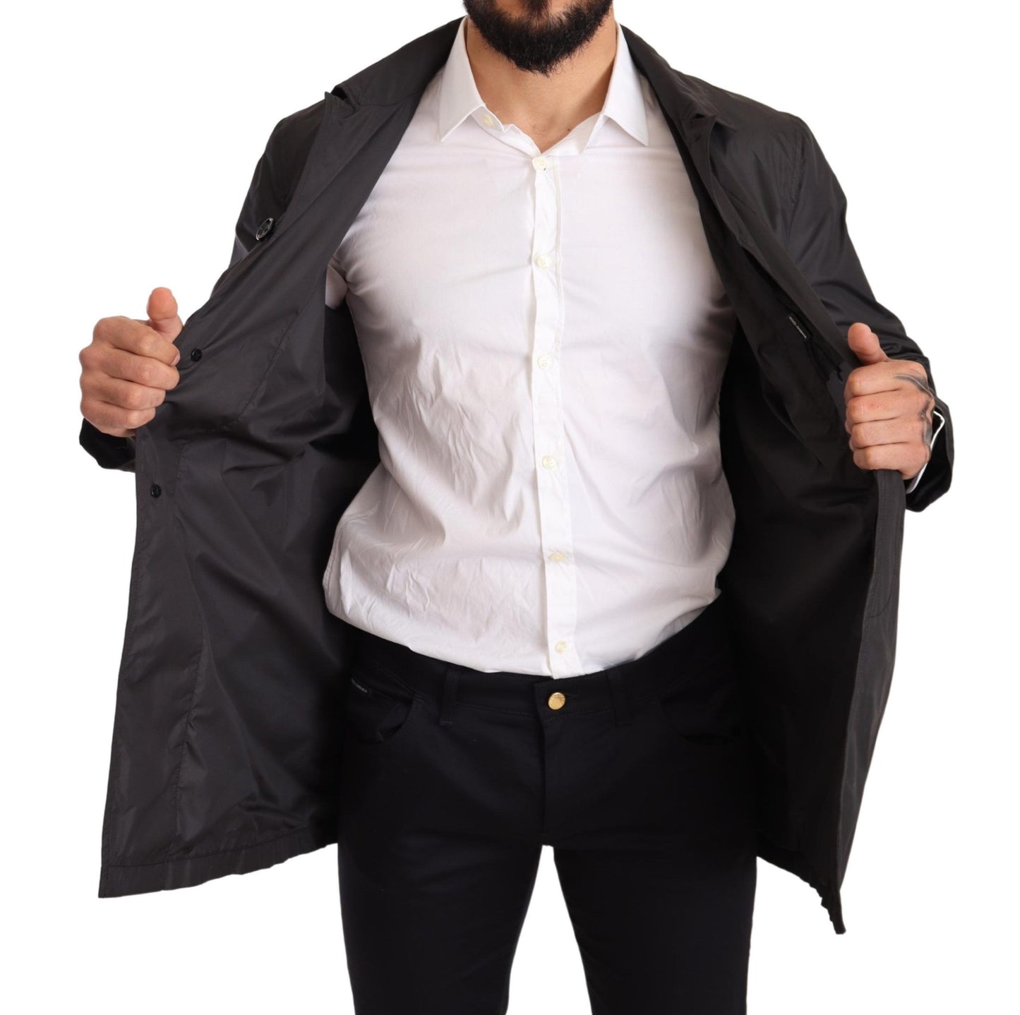 Schwarzer Polyester Herren Trenchcoat Jacke