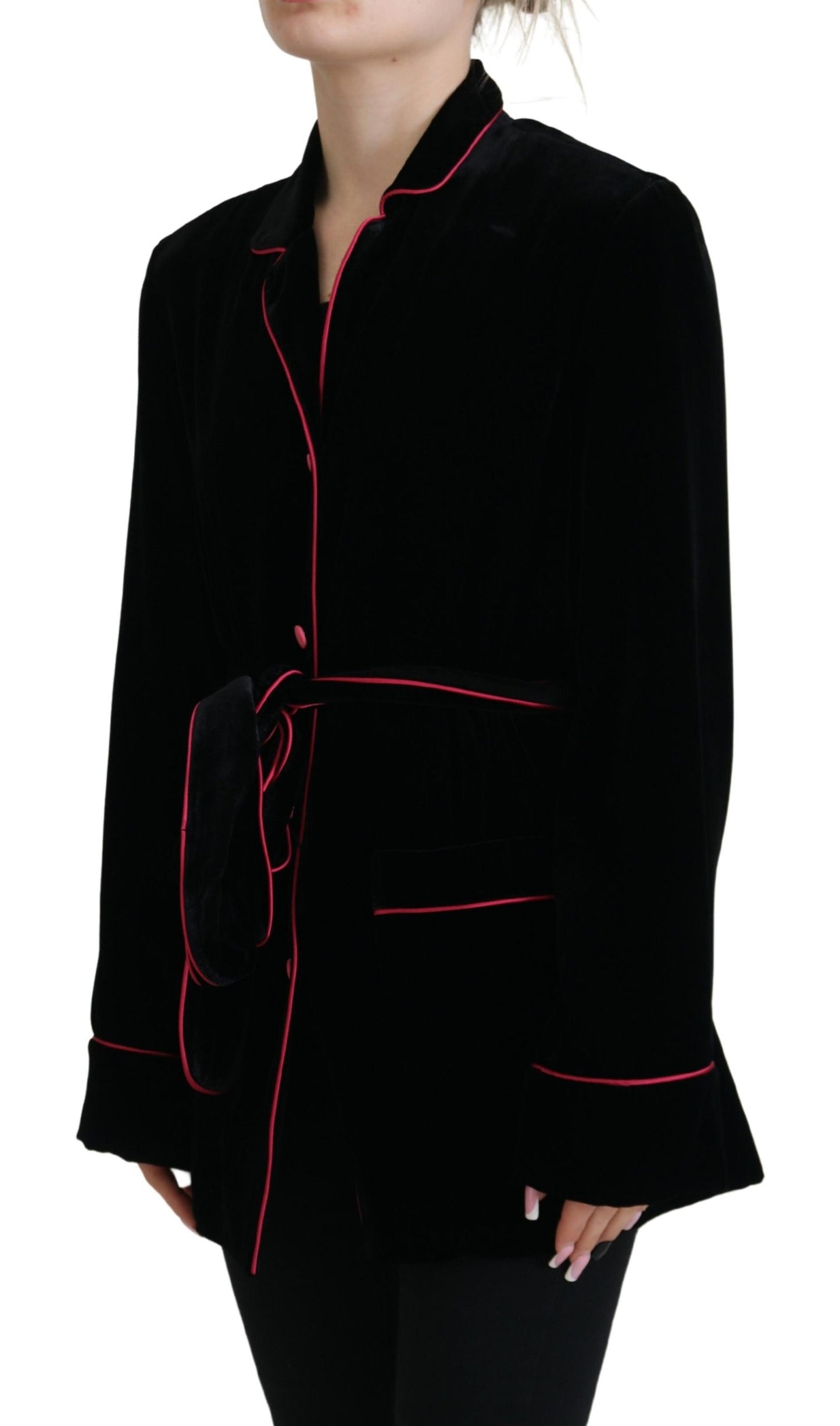 Schwarzer Blazer mit Gürtel und Knöpfen Viskosejacke